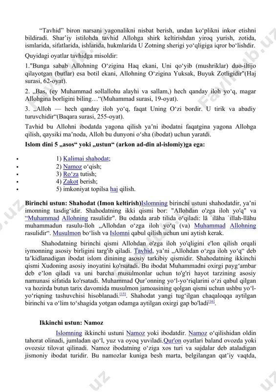 lda arabiston yarimoroli toʻla birlashtirilgan, uning aksariyat aholisi islom dinini qabul qilgan edi. arabistonning siyosiy, iqtisodiy, etnik va madaniy jihatlardan birlashishida islom dini muhim omil boʻlib xizmat qildi. muhammad vafotidan soʻng, abu bakr siddiq, umar ibn xattob, usmon ibn affon va ali ibn abu tolib paygʻambarning oʻrinbosari (xalifa) sifatida hukmronlik qildilar. ular va ulardan keying xalifalar vii-viii asrlarda iroq, falastin, suriya, eron, movarounnahr, misr, shimoliy afrika, pireney yarimoroli, shimoliy hindistonni fath qilishdi. bir asrdan kamroq vaqt davomida shimoliy xitoydan ispaniyagacha, kavkazortidan hind okeanigacha boʻlgan katta hududni zabt etdilar va islom dinini yoydilar. 2.tavhid (arabcha — yakkaxudolik) — umumiy maʼnoda — yakkaxudolik haqidagi taʼlimot (qarang. vahdoniyat). sharʼiy istilohda esa, tavhid — islom dinida allohga shirk(sherik) keltirishning turli yoki barcha koʻrinishlaridan voz kechish va allohning birligiga eʼtiqod qilish demakdir. “tavhid” biron narsani yagonalikni nisbat berish, undan ko‘plikni inkor etishni bildiradi. shar’iy istilohda tavhid allohga shirk keltirishdan yiroq yurish, zotida, ismlarida, sifatlarida, ishlarida, …