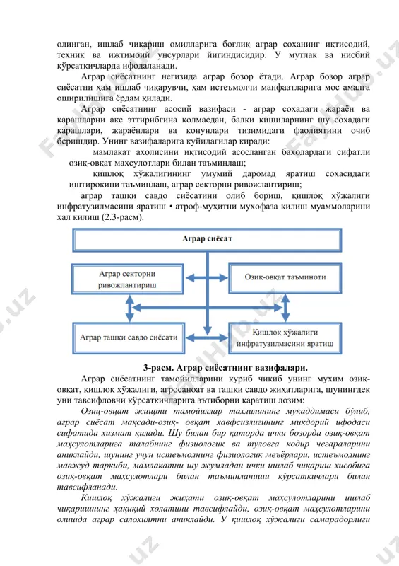 ва ижтимоий унсурлари йигиндисидир. у мутлак ва нисбий кўрсаткичларда ифодаланади. аграр сиёсатнинг негизида аграр бозор ётади. аграр бозор аграр сиёсатни ҳам ишлаб чиқарувчи, ҳам истеъмолчи манфаатларига мос амалга оширилишига ёрдам қилади. аграр сиёсатнинг асосий вазифаси - аграр сохадаги жараён ва карашларни акс эттирибгина колмасдан, балки кишиларнинг шу сохадаги карашлари, жараёнлари ва конунлари тизимидаги фаолиятини очиб беришдир. унинг вазифаларига куйидагилар киради: мамлакат ахолисини иқтисодий асосланган бахолардаги сифатли озиқ-овқат маҳсулотлари билан таъминлаш; қишлоқ хўжалигининг умумий даромад яратиш сохасидаги иштирокини таъминлаш, аграр секторни ривожлантириш; аграр ташқи савдо сиёсатини олиб бориш, қишлоқ хўжалиги инфратузилмасини яратиш • атроф-муҳитни мухофаза килиш муаммоларини хал килиш (2.3-расм). 3-расм. аграр сиёсатнинг вазифалари. аграр сиёсатнинг тамойилларини куриб чикиб унинг мухим озиқ-овқат, қишлоқ хўжалиги, агросаноат ва ташқи савдо жиҳатларига, шунингдек уни тавсифловчи кўрсаткичларига эътиборни каратиш лозим: озиц-овцат жищти тамойиллар тахлилининг мукаддимаси бўлиб, аграр сиёсат мақсади-озиқ- овқат хавфсизлигининг микдорий ифодаси сифатида хизмат қилади. шу билан бир қаторда ички бозорда озиқ-овқат маҳсулотларига талабнинг …