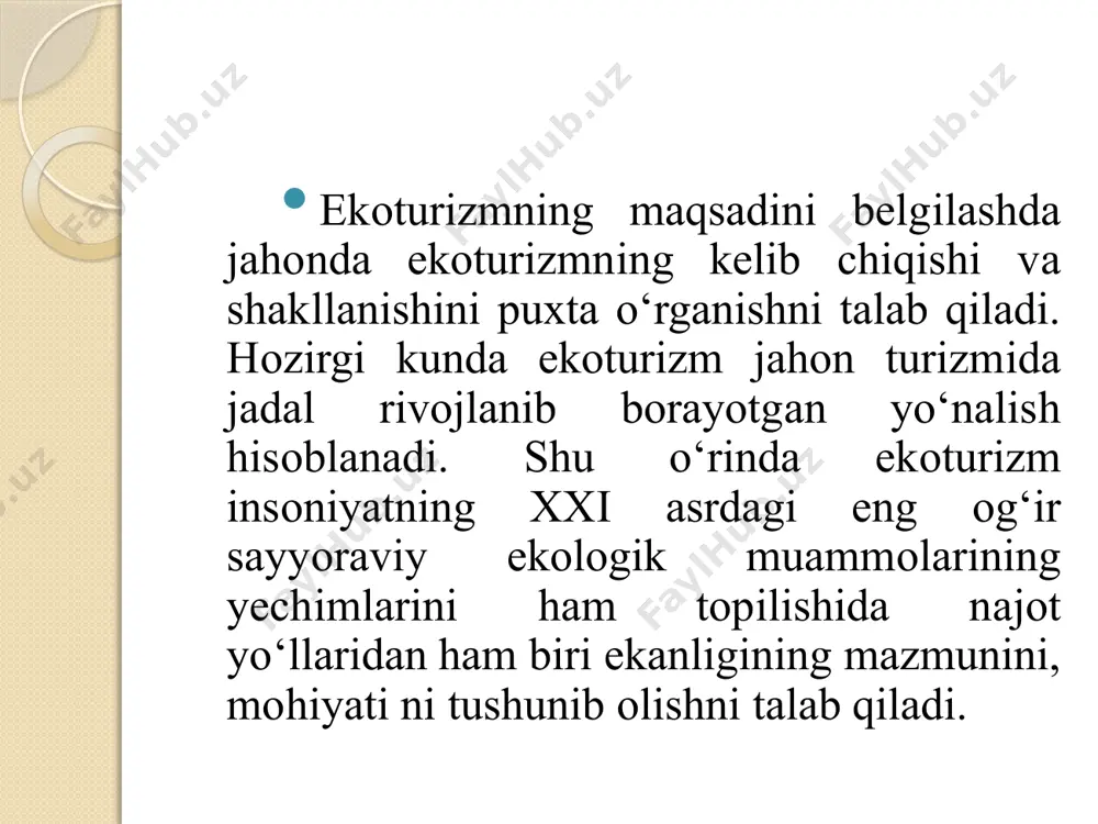 g turi bo‘lib, mahalliy xalq manfaatlarini hurmat qilish asosida tabiatni bilish,anglash va ekotizimlarni saqlashga yordam ko‘rsatish yo‘nalishidagi turistik faoliyat hisoblanadi». butunjahon turizm tashkiloti – «ekoturizm- tabiat turizmining barchasini o‘zida mujassamlashtirib tabiiy hududlarga ma’suliyat bilan sayohat qilish natijasida tabiatni muhofaza qilishni ta’minlaydi va mahalliy xalqning turmush darajasini yaxshilaydi» xalqaro ekoturizm tashkilot(ties)-«ekoturizm-tabiat mintaqa lariga mahalliy aholining farovonligini quvvatlovchi, va atrof -muhitni saqlovchi masuliyatli sayohatdir». o‘zbekistonda ekologik turizmni rivojlantirish «konsepsiyasi» da–«ekoturizm deganda nafaqat ma’rifiy-ma’naviy maqsadlarni ko‘zlagan ekzotik tabiiy hududlarga,ularning hayvonot va o‘simlik dunyosiga sayohat balki,ijtimoiy-iqtisodiy masalalarning amalga oshirilishi yordamida ekologiya muammolarini hal qilish bilan bir-biriga bog‘liq majmualar yig‘indisini tushunamiz». xalqaro turizm jamiyati (xtj) – «ekoturizm-tabiiy hududlarga ma’suliyat bilan sayohat qilish natijasida tabiatni muhofaza etishni ta’minlaydi va mahalliy xalqning turmush darajasini yaxshilaydi». tabiatni muhofaza qilish xalqaro ittifoqi – «ekoturizm yoki ekoturizm– tabiat muhitiga nisbatan ma’suliyat bilan sayohat qilish, tabiat hududlariga ziyon yetkazmagan holda, hamda tabiatning betakror, jalb etuvchi joylaridan zavq olish maqsadida tabiatni muhofaza …