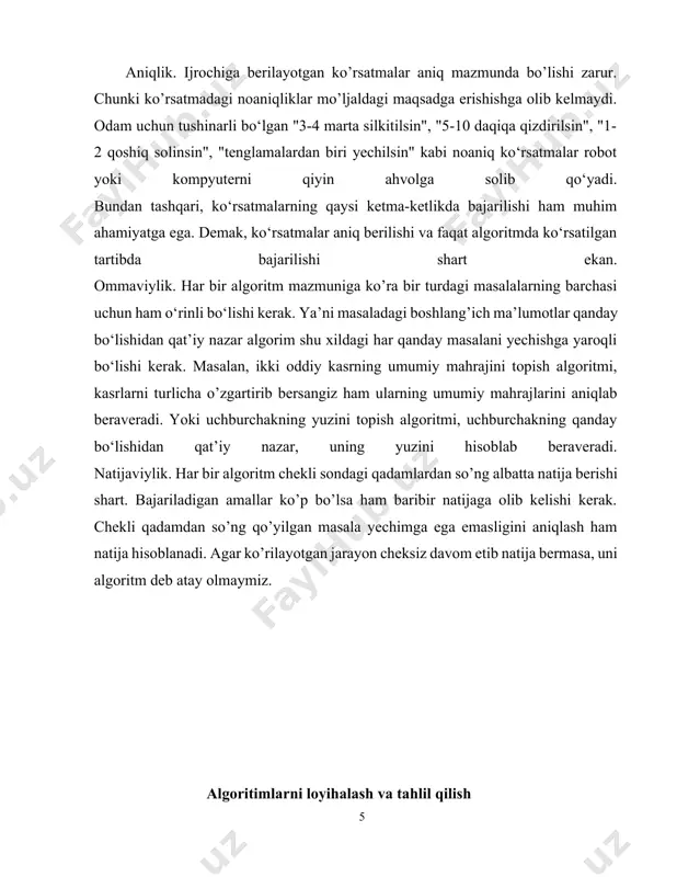 masalani yechishda birinchi odam beshta qadandab iborat qilsa ikkinchi odam to’rtta qadamdan iborat qiladi bundagi qadamlar soni odam fikrlash va bilim doirasidan kelib cheqgan holda buladi. iloji boriga algoritm tanlashda eng optimalini tanlash kerak ya’ni vaqtdan ham xotiradan ham yutqazmaslikka harakat qilish lozim. demak, berilgan muammoni yechishning koʻpgina algoritmlarini olish mumkin. keyingi qadam — taklif qilingan yechim algoritmlarini tahlil qilish va eng maqbul yechimni amalga oshirish hisoblanadi. algoritm tahlili algoritmning samaradorligi ikki xil bosqichda, amalga oshirishdan oldin va amalga oshirilgandan keyin tahlil qilinishi mumkin. ular quyidagilar: priori tahlili — algoritmning nazariy tahlili. algoritmning samaradorligi boshqa barcha omillar, masalan protsessor tezligi doimiy boʻlib, uni amalga oshirishga hech qanday taʼsir koʻrsatmaydi deb taxmin qilish orqali oʻlchanadi. posterior tahlili — algoritmning empirikal tahlili hisoblanadi. tanlangan algoritm dasturlash tili yordamida amalga oshiriladi. keyin maqsad kompyuter mashinasida bajariladi. ushbu tahlilda ish vaqti hamda fazo kabi haqiqiy statistika toʻplangan. biz priori algoritm tahlili haqida bilib olamiz. …