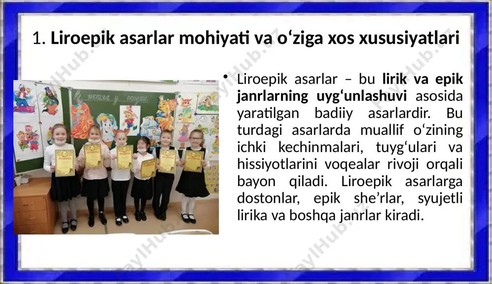 bosqich yondashuv muhim. ustozlar darsni quyidagi bosqichlarda tashkil etishlari mumkin: 1. tayyorgarlik bosqichi: muallif haqida qisqacha ma’lumot berish; asarni o‘qishga qiziqish uyg‘otish (savollar, suratlar, kontekst); so‘z boyligini aniqlash va tushunarsiz so‘zlarni tushuntirish. 2. asar ustida ishlash bosqichi: asarni ifodali o‘qish va syujetini aniqlash; qahramonlarning fe’l-atvori, harakatlariga e’tibor qaratish; obrazlarning hissiy holatini tasvirlash va uni baholash; savol-javoblar asosida o‘quvchilarning fikrini aniqlash. 3. mustahkamlash bosqichi: asar asosida kichik sahnani sahnalashtirish; asarga doir rasm chizish yoki hikoya yozish; qahramonga maktub yozish (masalan: “shum bolaga maktub”); savol-javob yoki testlar asosida bilimni mustahkamlash. ish usullari: guruhlarda ishlash; rasmli ko‘rgazmalar asosida suhbat; klaster usuli; tushunchalar xaritasi chizish; matn asosida rol o‘ynash yoki monolog yaratish. xulosa: boshlang‘ich sinfda liroepik asarlar ustida ishlash — bu o‘quvchining estetik tarbiyasi, ma’naviy-axloqiy rivoji, badiiy fikrlashi va ijodiy qobiliyatini shakllantirishda muhim bosqichdir. to‘g‘ri tanlangan asar va uni tahlil qilish usullari bolani adabiyotni sevishga, obrazlar orqali hayotiy xulosalar chiqarishga o‘rgatadi. o‘qituvchining vazifasi — …