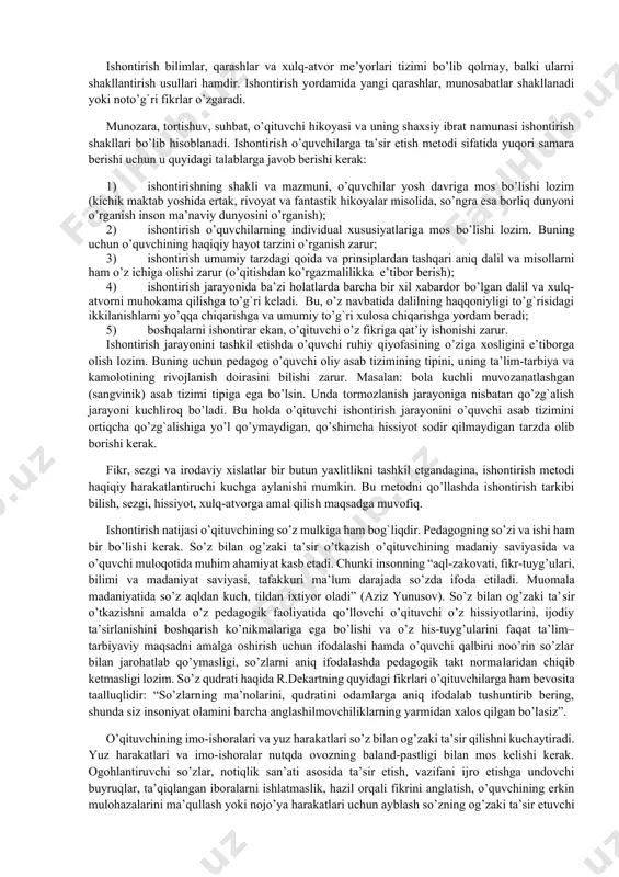 muntazam rag’batlantirib borishda namoyon bo’ladi. jamoaning tarbiyaviy vazifalarini ma’lum bir yo’nalishda amalga oshirilishini ta’minlaydi, o’quvchilarning bir-birlariga do’stona munosabatini shakllantiradi. muloqotning ijtimoiy-psixologik nazariyasi va pedagogik tajribalarini o’rganish pedagogik ta’sir etishda ikki metod: ishontirish va uqtirishdan keng foydalanish lozimligini ko’rsatadi. ishontirish - o’quvchilarga xatti-harakatlarning to’g`riligi va zarurligini, shuningdek, ayrim xulq-atvorlarning noto’g`riligini tushuntirish va isbotlashdir. ishontirish jarayonida o’quvchilarda yangi bilim, ko’nikma, malaka hamda axloqiy sifatlar shakllantiriladi. bular esa o’quvchilar va ularning atrofidagilar uchun me’yor (mezon) bo’lib xizmat qiladi. o’qituvchining har qanday tarbiyaviy ta’sir ko’rsatishi, oqibat natijada o’quvchi ruhiyatiga har tomonlama ta’sir ko’rsatishga, ya’ni o’quvchilarda ijobiy hissiyotlarni: xulq-atvor, munosabatlar, xatti-harakatlarni shakllantirish va mustahkamlashga yo’nalgan bo’ladi. lekin ishontirish va uqtirishning texnologik mexanizmlari turlichadir. o’sib borayotgan yoshlar ijtimoiy muhit va tabiat bilan ham o’zaro ta’sirlanadilar. bu o’zaro ta’sir natijasida ularda ishonch, yangi bilimlar va munosabatlar, axloqiy me’yorlar majmui vujudga keladi. ishontirish haqiqiy va soxta bo’lishi mumkin. haqiqiy ishonch real voqelikka mos keladi va shaxsning jamiyat oldidagi …