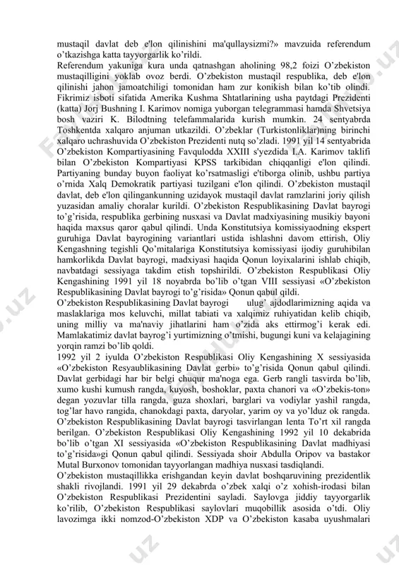itaylik», degan sarlavhada chop etildi. ushbu nutqida o’zbekiston rahbari ittifoq shartnomasiga o’z munosabatini bildirib, o’zbekistonning bu shartnomaga kirmasligini qayd etib o’tdi. 1991 yil navro’z bayrami arafasida prezident avf etish to’g’risidagi farmonga imzo chekdi. ushbu farmon ham xalq tomonidan zo’r quvonch bilan kutib olindi. qolaversa, amnistiyani o’sha davrda faqat ittifoq prezidenti e'lon qilar edi. 1991 yil 19 avgustga kelib, butun jahonni hayajonga solgan moskvada davlat to’ntarilishiga urinish bo’ldi. to’ntarish tarafdorlarining asl maqsadlari ittifoqda yashovchi barcha xalqlarning mustaqillikka erishuviga yo’l qo’ymaslik hamda mamlakatdagi parokandalikdan foydalanib qolish edi. lekin o’zbekiston rahbariyati mavjud ijtimoiy-siyosiy vaziyatni saqlash, respublika hududida favkulodda holat joriy etilishiga, konstitutsiyaga qarshi davlat tuntarilishini kullab-quvvatlash yo’lidagi igvokorona harakatlarga uchmaslik uchun uzlarining butun imkoniyatlaridan foydalandilar. usha vaqtda o’zbekiston prezidenti hindiston safarida edi. safardan kaytib 19 avgust kuni kechqurun toshkent shahri faollari bilan uchrashib, qat’iy tarzda o’zbekiston nuqtai nazarini ma'lum qildi. respublika rahbariyati: «markazdan, kim bo’lishidan kat'i nazar, qonunga xilof ko’rsatmalarni bajarish mumkin emas», …