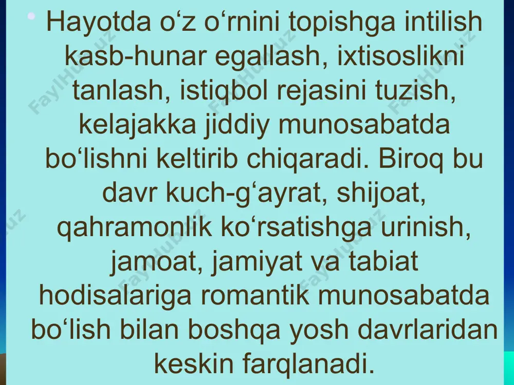 aloqa (kontakt) o‘rnatish vositasi (o‘zaro ta’sir yoki interaksiya). ilk o‘spirinlarning ixtiyorsiz, g‘ayritabiiy, spontan guruhlari esa mazkur yosh davridagi o‘g‘il-qizlarning o‘zlari tomonidan o‘rtoqchilik, do‘stlik, tengdoshlik asosida tashkil topadi. psixologik ma’lumotlar qiyosiy tahlilining ko‘rsatishicha, g‘ayritabiiy guruhlar ham o‘z navbatida uch xil xususiyatga, ko‘rinishga, morfologik tuzilishga ega bo‘lishi mumkin: 1) prososial guruhlar – rasmiy jihatdan hyech qaysi jamoaga, guruhga qarashli bo‘lmasalar-da, biroq ijtimoiy foydali mehnat bilan shug‘ullanuvchi, faoliyat mahsuliga ega bo‘lgan, jamoa yoki kengroq ma’noda jamiyat a’zolari bilan bir tekis qadam tashlovchi, ruhan sog‘lom, zamon nafasiga hamohang hissiyotni gavdalantiruvchi ilk o‘spirinlardan tashkil topgandir 2) asosial guruhlar - ularni muayyan muhitga ijtimoiy foydali mehnat birlashtirmaydi. bu guruhlar deyarli biror narsa bilan umumiy tarzda qiziqmaydilar, boshqacha so‘z bilan aytganda, ularda ijtimoiy motivasiya qariyb latent holatida, biroq ularning a’zolari bo‘sh vaqtini birga o‘tkazish uchun uchrashadilar, xolos. 3) antisosial (aksilijtimoiy) guruhlar – bu ilk o‘spirinlar jamiyatning axloqiy normalariga (me’yorlariga), milliy qadriyatlarga, ma’naviy mezonlarga, belgilangan qonunlarga qarshi, zid …