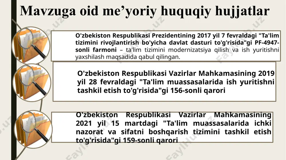 qlanadi va hujjatlar rasmiy talabga mos holda yuritib boriladi 2 xizmat yozishmalarini yuritib borishda xodimlarda akt savodxonligining yetishmasligi xizmat yozishmalari uchun yaratilgan elektron tizimni to’g’ri olib borish yuzasidan xodimlar uchun seminar va treninglar tashkil qilish maktab rahbariyati, akt mutaxassisi o’quv yili davomida hujjatlarni tezkor boshqarish va saqlash imkoni yaratiladi. xodimlarning hujjatlar bilan ishlash ko‘nikmalari oshiriladi 3 xizmat yozishmalarining yuritilishida imloviy xató va jumlalarda xatoliklarning yuzaga kelishi xizmat yozishmalarida davlat tilidan to‘g‘ri foydalanishni nazorat qilish o‘zbek tili va adabiyoti fani o‘qituvchilari, maktab ma'muriyati o’quv yili davomida rasmiy yozishmalarning sifatini oshirish e’tiboringiz uchun rahmat! image3.png image4.png image5.png image2.jpeg image6.jpeg image10.jpeg image11.jpeg image12.jpeg image13.png image14.png image15.png image16.jpeg image17.png image18.jpeg image19.png image20.png image1.jpeg