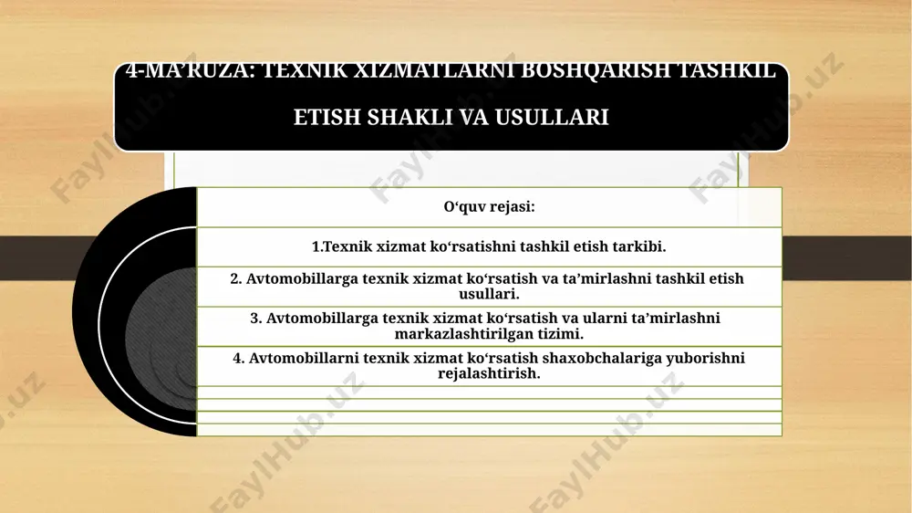 hmada qator omillarga bog‘liqdir. avvalambor funktsiyalarni moslamalari va korxonani bu masalalarni mustaqil bajara olishidan iboratdir, ya’ni avtobirlashma, transport birlashmasi yoki konsernni texnika xizmatini boshqarish funktsiyasini markazlashtirilganiga bog‘liqdir. avto transport korxonani kattaligi funktsiyani ish hajmini belgilaydi. bu ish hajmiga qarab alohida ijrochini ajratishga yoki bir necha funktsiyalarni 1 ta ijrochi tomonidan bajarishni birlashtirishni belgilaydi. boshqarish funktsiyalarini ijrochilar bo‘yicha taqsimlanish birlashma, korxona tomonidan ishlab chiqilgan va tasdiqlangan tashkiliy-funktsional tarkib bilan belgilanadi. image5.png image6.png image3.png image4.png /docprops/thumbnail.jpeg
