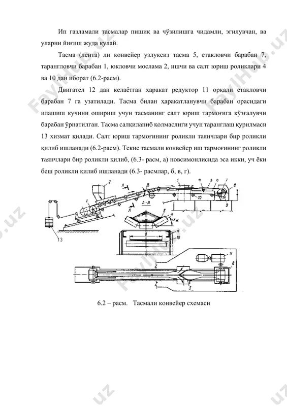 рмоқлардаги ҳаракатланиш қаршилиги: wакс=wiii-iv=(qтас+qсалт) lcхs-qтас кг/м (6.11) тасманинг таранглигини аниқлаш. кетувчи тармоқнинг таранглиги «sкет» қуйидаги ифода билан аниқланади. s1=sкет=, кг (6.12) бу ерда s1- кетувчи тармоқнинг таранглик кучи, кг s2=,кг (6.13) бу ерда s2 – келувчи тармоқнинг таранглик кучи, кг к – барабан билан тасма ўртасидаги илашиш кучи заҳира коэффициенти к=1,021,2 етакловчи барабан тортиш кучини аниқлаш. w0= (6.14) бу ерда бар = 0,95 барабаннинг ф.и.к. етакловчи барабан юритмаси электродвигателининг қуввати n= нвm (6.15) бу ерда w0 – етакловчи барабаннинг тортиш кучи, кг электродвигателp қувватини юритманинг ф.и.к. ни ва юргизиш моҳиятини эхтиборга олиб қуйидагича аниқлаймиз. nдв= нвm (6.16) редуктор узатишлар сони u= (6.17) бу ерда nдв – электродвигателp валининг бир минутда айланишлар сони, айл/мин; nб - барабаннинг бир минутда айланишлар сони, айл/мин. барабанларнинг асосий ўлчамларини аниқлаш: етакловчи барабан диаметри dе=(125150)u, мм ; (6.18) тарангловчи барабан диаметри dт=(75100)u, мм (6.19) барабаннинг бир минутда айланишлар сони nб= айл/мин. (6.20) пластинкали ва қиргичли конвейерлар …