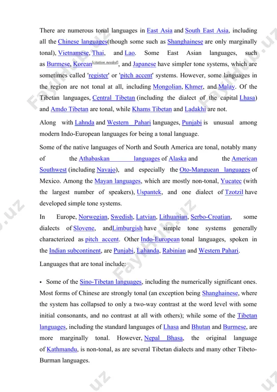 se are strongly tonal (an exception being shanghainese, where the system has collapsed to only a two-way contrast at the word level with some initial consonants, and no contrast at all with others); while some of the tibetan languages, including the standard languages of lhasa and bhutan and burmese, are more marginally tonal. however, nepal bhasa, the original language of kathmandu, is non-tonal, as are several tibetan dialects and many other tibeto-burman languages. · in the austro-asiatic family, vietnamese and its closest relatives are strongly tonal. other languages of this family, such as mon, khmer, and the munda languages, are non-tonal. · the entire tai-kadai family, spoken mainly in china, vietnam, thailand, and laos, is strongly tonal. · the entire hmong–mien family is strongly tonal. · many afroasiatic languages in the chadic, cushitic and omotic families have register-tone systems, such as chadic hausa. many of the omotic tone systems are …