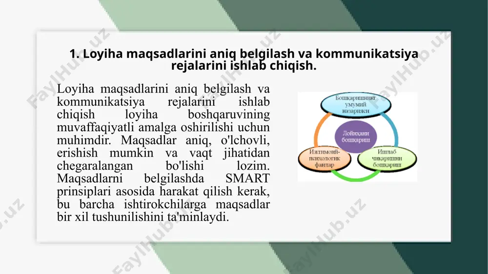 o'rnatish, ishning muammolarisiz davom etishini ta'minlash uchun juda muhimdir. har bir a'zo o'zining vazifalari haqida muntazam ravishda ma'lumot berib, boshqa a'zolar bilan fikr almashishi lozim. bu jamoaning birligi va o'zaro hamkorligini kuchaytiradi. loyiha boshqaruvining samarali bo'lishi uchun, jamoaning har bir a'zosiga kerakli resurslar va yordamni taqdim etish ham muhimdir. bu, jamoaning o'z vazifalarini eng yaxshi tarzda bajarishiga yordam beradi. 4. loyiha xavflarini tahlil qilish va zarur chora-tadbirlarni ko'rish. loyiha xavflarini tahlil qilish jarayoni, loyiha davomida yuzaga kelishi mumkin bo'lgan barcha xavf omillarini aniqlashni o'z ichiga oladi. xavflar tashqi (bozor o'zgarishlari, iqtisodiy holat, huquqiy talablar) va ichki (resurslar yetishmasligi, texnik nosozliklar, jamoa ishdan chiqishi) bo'lishi mumkin. har bir xavf o'zining qanchalik katta ta'sirga ega bo'lishi va uning amalga oshishi ehtimoli bo'yicha baholanadi. bu baholash, xavflarni oldindan ko'rib chiqishga yordam beradi. tahlil qilingan xavflarga asoslanib, zarur chora-tadbirlar ishlab chiqiladi. chora-tadbirlar, xavflarni kamaytirishga yoki umuman bartaraf etishga qaratilgan bo'lishi kerak. bunga xavfning oldini …