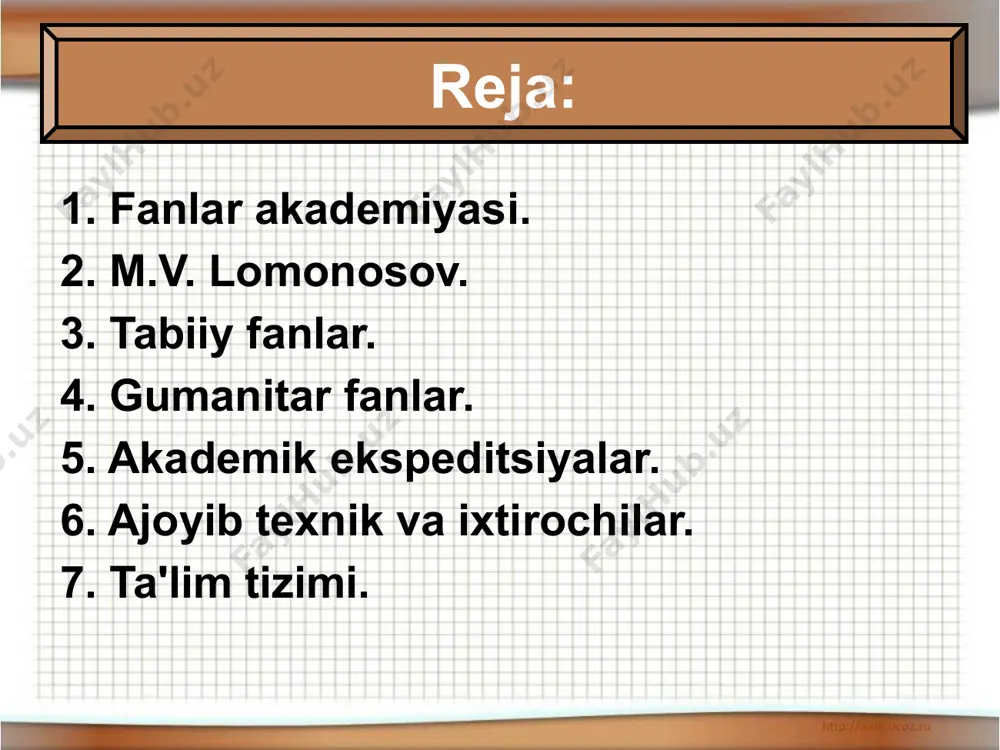 ab chiqdi, materiya va harakatning saqlanish qonunini kashf etdi; atmosfera elektr toki hodisalarini o'rgangan; 1761 yilda u venerada atmosferaning mavjudligini aniqladi va shunday xulosaga keldi: sirt; moskva universitetini tashkil etish tashabbuskori edi m.v. lomonosov 05.05.2023 antonenkova anzhelika viktorovna mou budinskaya oosh 9 lomonosov 54 yoshida sovuqdan vafot etadi. aleksandr nevskiy lavrasida dafn etilgan m.v. lomonosov 05.05.2023 antonenkova anzhelika viktorovna mou budinskaya oosh 10 lomonosov biologiyada jonli va jonsiz tabiatning moddiy asosi bitta va yagona qonunlar amal qiladi degan xulosaga keldi. tabiiy fanlar 05.05.2023 antonenkova anzhelika viktorovna mou budinskaya oosh 11 m.i. sheyn 1744 yilda birinchi rus anatomik atlasini nashr etdi. 1756 yilda moskvada demidov selektsionerlarining botanika bog'i tashkil etilgan. tabiiy fanlar botanika rejasi demidov bog'i 05.05.2023 antonenkova anzhelika viktorovna mou budinskaya oosh 12 l. eyler va m. lomonosov yulduzli osmonni kuzatish davom ettirildi, yulduzlarni kuzatish uchun rasadxonalar tarmoqlari yaratildi. tabiiy fanlar 05.05.2023 antonenkova anzhelika viktorovna mou budinskaya oosh 13 fizika …