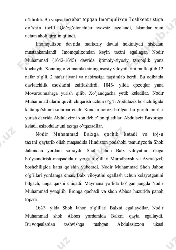 deb e’lon qiladi. tez orada u termizni ham egallaydi. ubaydullaxon awal termizga, so’ngra balxga yurish qilib, 1707- yilda balxni egallaydi. mahmudbiy qochib ketadi. ubaydullaxon buxoroga qaytgach, balxni yana mahmudbiy egallaydi. uning suverenlik huquqini ubaydullaxon tan olishga majbur bo’ladi. buxoro xonligi tasarrufida bo’lgan farg’ona vodiysida ham xviii asr boshlarida ajralib chiqish harakati boshlanib, hokimiyat avval chust yaqinidagi chodak xo’jalari qo’liga o’tadi. 1710-yilda esa hokimiyatni ming qabilasi boslilig’i shohruhbiy egallab, mustaqil qo’qon xonligiga asos soladi. ubaydullaxon davrida ijtimoiy-siyosiy parokandalik kuchaydi. наr bir viloyat hokimi mustaqil bo’lishga intildi. natijada, ubaydullaxonga qarshi fitna uyushtirildi va 1711 - yilning 16- martida u o’ldirildi. taxtga ubaydullaxonning inisi abulfayzxon (1711-1747) o’tqizildi. abulfayzxon tomonidan fitnaning hamma ishtirokchi va ijrochilari saxiylik bilan mukofotlandi. ular katta-katta lavozim egalari bo’ldilar. ubaydullaxonning yaqinlari, amaldorlarining mol-mulklari talandi, o’zlari esa qatl etildi. shunday qilib, parokandalikka qarshi, oliy hokimiyatni kuchaytirish va mamlakat birligini ta’minlash uchun kurashgan ubaydullaxonning hukmronligi fojiali yakunlandi. abulfayzxon kundan kunga mamlakat hayotida …