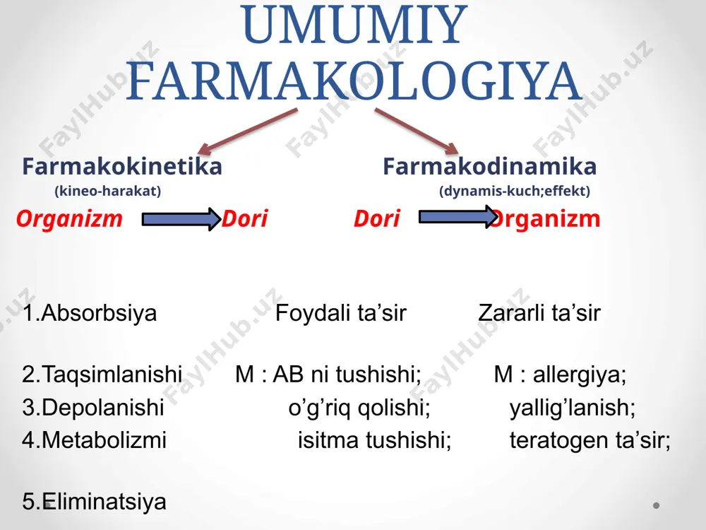 ingibitorlari: p-glikoprotein ingibirlanishi→dori bioaktivligi oshadi→zaharlilik darajasi↑ v.eliminatsiya siydik orqali fekal (o’t orqali ajralib, ..): glukoronlangan dorilar, lipofil dorilar, steroidlar nafas havosi orqali: alkogol, umumiy anestetiklar so’lak orqali: litiy, kaliy yodid, rifampin sut orqali: lipofil dorilar farmakodinamika [dorilarning mahalliy va rezorbtiv ta’siri] 1. mahalliy dori — qo’yilgan joyidan ta’sir ko’rsatadigan dori - mahalliy dorilarning ta’siri 2 xil yuzaga chiqadi: a) bevosita qo’yilgan joyga ta’sir (m: vishnevskiy) b) reflektor ta’sir (m: gorchichniklar) 2. rezorbtiv ta’sir – dorilarning qon oqimiga tushgandan so’ng yuzaga keladigan ta’siri - ta’siri asosan reflektor yo’l bilan yuzaga chiqadi (m: lobelin) e’tiboringiz uchun rahmat lektorlar: vahobjon jo'rayev va hasanboy babaxanov image2.jpeg image3.png image4.png image5.png image6.png image7.png image8.png image9.png