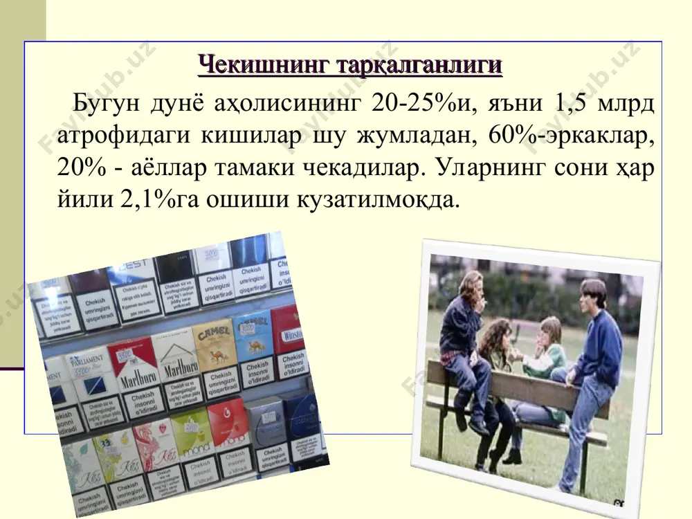 калар саратон эмфизема астма сурункали ўпка касалликлари 6. жигар саратон 7. ошқозон ошқозон яраси ошқозон, ошқозон ости бези ва йўғон ичак саратони. аорта аневризми 8. буйрак ва ўт пуфаги саратон 9. эркакларнинг репродуктив қобилиятлари сперма ўзгаришлари импотенция 10. аёлларнинг репродуктив қобилиятлари бачадон саратони бепуштлик 11. оёқ ва кафтлар қон томирлар тиқини келтириб чиқарган гангрена “чекиш бу ўз жонига қасд килишдир” ўпка ва бронх раки (95% чекувчиларда) ривожланишдан орқада қолиш ошқозон яраси 12 марта юқори хиққилдоқ раки- 6 марта юқори инфаркт, инсултлар 12 марта юқори юрак қон томир касаллиги 12-15% юқори чекиш оқибатлари чекувчиларнинг аъзолари тиш ўпка жигар тамаки таркиби: 400 дан ортиқ кимёвий бирикмалар; 40 таси ўсма касаллигини чақиради; оғир металлар (свенец-210, висмут-210, полоний-210); азот боғламлари (кадий метали, никель); темир, хром, цинк, мишяк, цианид, толуал, бензол, қурум, аммиак; ис гази, синил кислота, гексамин ва бошқа ҳар хил моддалар. “тамаки барча тана аъзоларини заҳарлайди, ақлни бузади ва бутун бошли халқнинг ақлини …