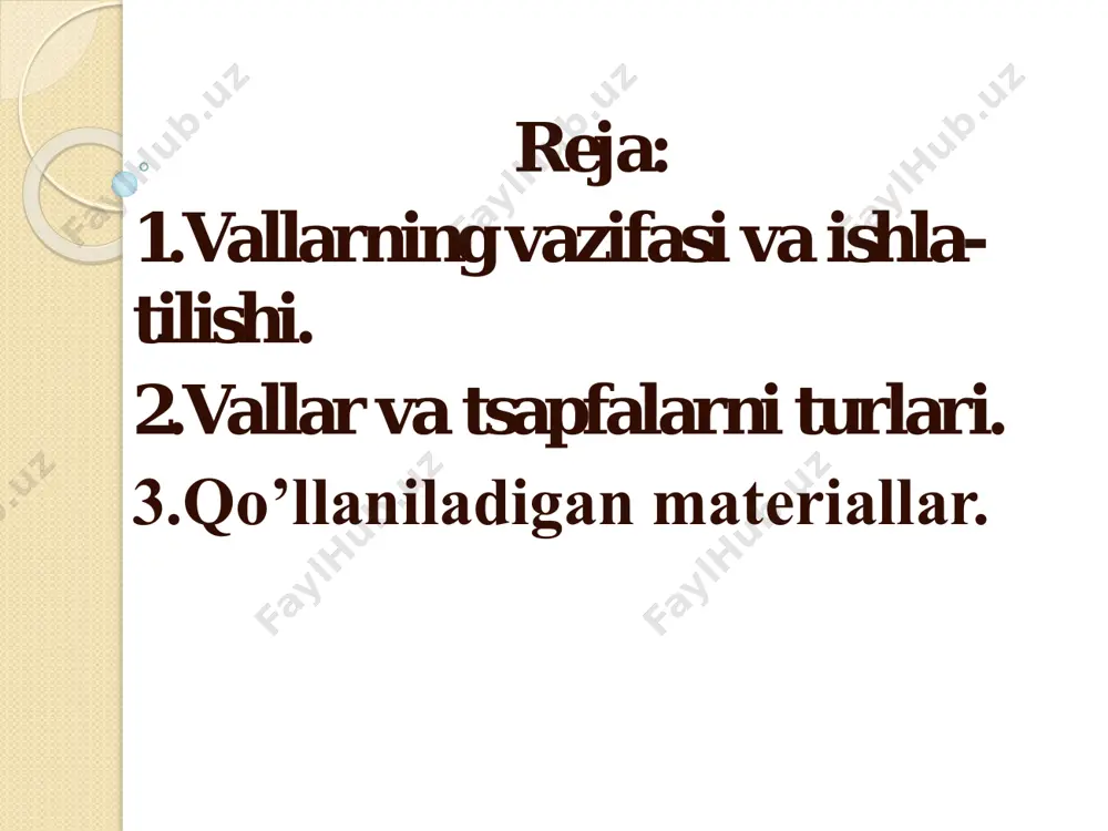 xgsa markali po’lat materiallardan tayyorlanib, ularni xossalarini yaxshilash uchun yuqori chastotali tok yordamida toblanadi. katta tezlik bilan aylanuvchi vallar (masalan, sirpanish podshipniklarida) uglerod bilan to’yintirilgan 20x, 12xn3a, 18xgt yoki azot to’yintirilgan 38x2iyua markali po’lat materiallardan tayyorlanadi. xrom bilan to’yintirilgan tsapfaning chidamliligi 3-5 marta ko’p bo’ladi. og’irligi katta bo’lgan vallar mustahkamligi yuqori darajali bo’lgan cho’yan materiallardan tayyorlanishi mumkin. val xisobi odatda 2 bosqichda bajariladi: loyixaviy (taqribiy) xisob, bunda valning konstruktiv sxemasidan va buralishdagi kuchlanish buyicha statik mustaxkamlik shartidan kelib chiqqan xolda eng kichik kesimdagi val diametri, konstruktiv va texnologik muloxazalardan kelib chiqib esa val pog’onalari diametri aniqlanadi. tekshiruv (aniqlashtirilgan) xisob, bunda val konsruktsiyasi va uning uzunligi buyicha yuklanishlar taqsimoti taqqoslab turib val xavfli kesimlaridagi toliqishga mustaxkamlikning extiyet koffitsiyenti xisoblanadi. loyixaviy (takribiy) xisob kamaytirilgan ruxsat etilgan burovchi kuchlanish [ ] lar buyicha buralishga xisoblab, valdagi aylantiruvchi moment uzatuvchi yoki qabul qiluvchi eng kichik kesimi diametrining takribiy kiymati aniklanadi.  3 ][2,0  …
