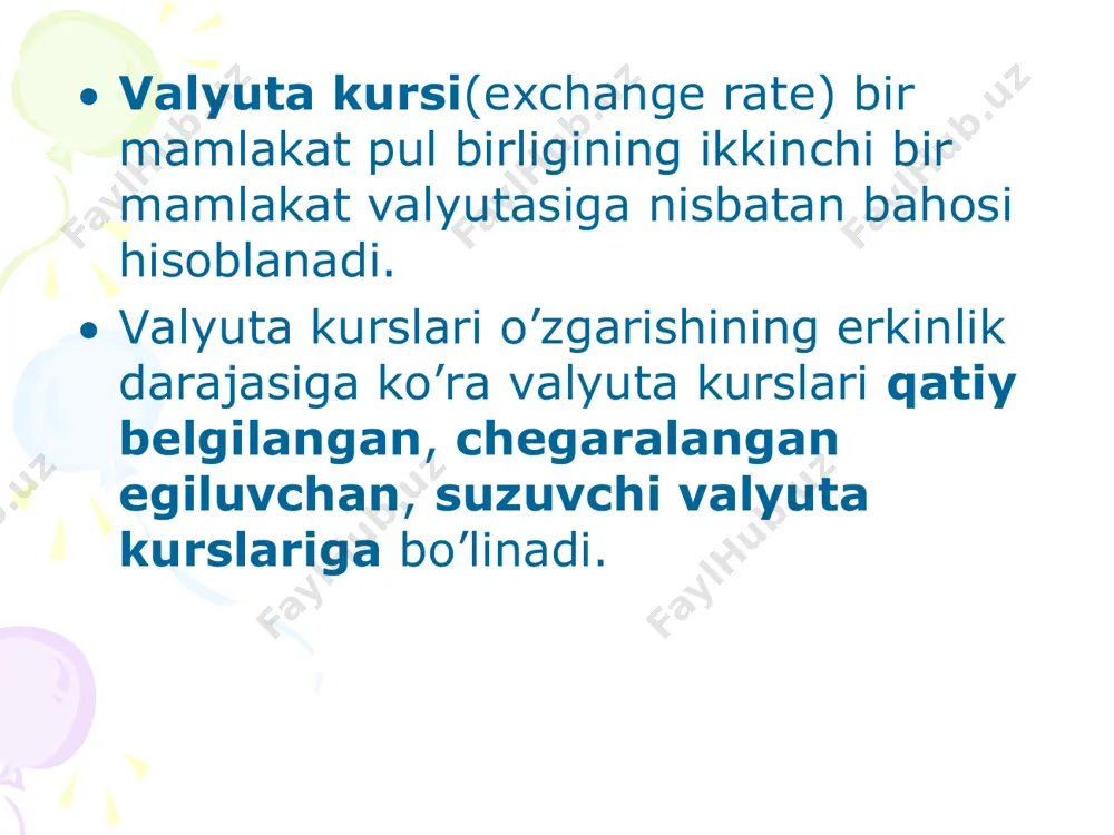 rsidan real tendentsiyalarni aniqlash, ya’ni inflyatsiya ko’rsatkichlarini chiqarib tashlagan holda mamlakatlardagi ishlab chiqarish, iste’mol xarajatlarini solishtirish uchun real samarali valyuta kursi hisob-kitob qilinadi. valyutalarning xarid qobiliyati pariteti (purchasing-power parity (ppp))asosida hisoblangan valyuta kursi – turli mamlakatlardagi sifati, miqdori va boshqa xususiyatlari bir xil bo’lgan mahsulotlar va xizmatlarning milliy valyutada ifodalangan qiymatni o’zaro tenglashtirish orqali aniqlanadigan valyuta kursidir. valyuta kursiga ta’sir etuvchi omillar quyidagilar 1. iqtisodiy omillar; 2. siyosiy omillar; 3. turli xabarlar va kutishlar; 4. fors-major holatlari. valyuta konvertatsiyasi bu milliy valyutaning xorijiy valyutaga erkin ayirboshlanish, xorijiy mahsulot va xizmatlarni to’lash qobiliyatidir. valyutalar konvertatsiya darajasiga qarab, asosan 3 turga bo’linadi: 1. erkin konvertatsiya qilinadigan (aqsh dollari, funt sterling, evro, yaponiya yenasi, shveytsariya franki, xitoy voni); 2. qisman konvertatsiya qilinadigan; 3. konvertatsiya qilinmaydigan. valyuta bozoriga quyidagi xususiyatidan kelib chiqib qarash mumkin: funktsional nuqtai nazardan qaraganda, valyuta bozorlari o’z vaqtida xalqaro hisob-kitoblarni, valyuta risklarini sug’urtalashni, valyuta zaxiralarini diversifikatsiyalashni, valyuta interventsiyasini amalga oshiradigan …