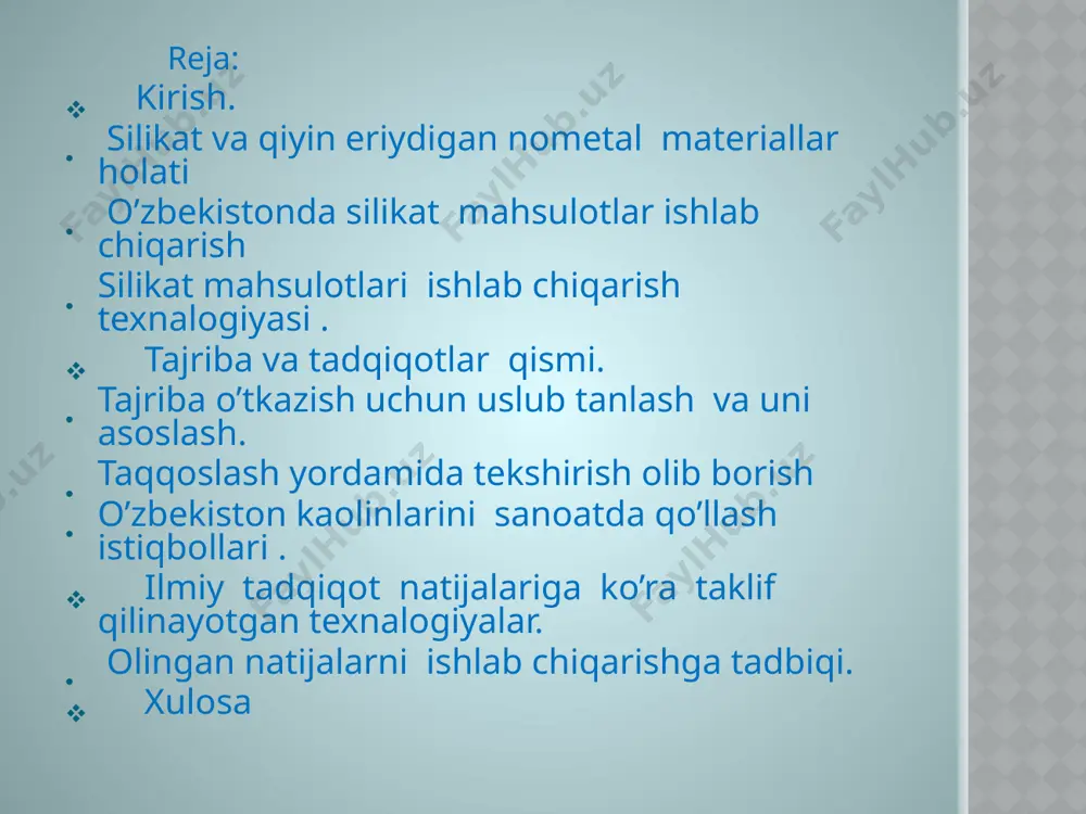 alarning fizik xossalariga qarab ajratiladi. ho’l usul: dastlab hom ashyo maydalanadi va dezintagratsiya qilinadi. dezintegrator barabanda mayda zarrachalar o’lchamigacha dispergatsiya qilinadi. quruq usul: maydalangan kaolinlar hom ashyosi 800-900 c da 0,7-0,8% namlikkacha quritiladi so’ngra tegirmonda tuyiladi. kaolin konlari: “ zeylits” “oka” va “voufke” kabi nemis kaolinlariga xos alohidalik tarkibidagi bo’yovchi oksidlarni va glinozyum miqdorini kamligi, kremnozyumning ko’pligida. amerikani “ultra oq” va “siren-saten” markali kaolinlarining glinozyum miqdori nisbatan ko’p. ikkala kaolinni o’tga chidamliligi 1800 temperaturaga teng. kaolinning ishlatilishi qadimda kaolin keramika, kulolochilik sohalarida asosan nozik keramikada chinni bilan fayans ishlab chiqarishda , metallurgiyada shamot g’ishti propkalar tayyorlashda hamda qog’ozlarning yuzasini silliqlashda, zichligini orttirishda foydalaniladi. kaolinga alef va boshqa moddalar qo’shib klyonkalar, linoleum, qalam , bo’yoqlar , ultramarin olishda ishlatilinadi. xulosa. tabiiy chilpiq kaolini gost 9169-75 ga muofiq erkin kvarsni miqdori bo’yicha yuqori kvars, glinazyumni miqdori bo’yicha yarim nordon (13-17 %) plastikligi bo’yicha (4-7 aterburg) bo’yicha sanaladi. kimyoviy mineralogik tarkibi va fizik-kimyoviy …