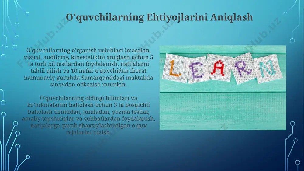 ressini muntazam kuzatib borish hisoblanadi toshkent shahrida. o'qituvchi 21-asr o'quvchilarining 5 turdagi o'rganish uslublarini aniqlash va har biriga moslashtirilgan 3 ta o'quv materiallarini taklif qilishi kerak, masalan, interfaol o'yinlar, video darslar va amaliy topshiriqlarni samarqanddagi maktablarda qo'llash orqali. inklyuziv ta'lim inklyuziv ta’lim yondashuvi 5 yoshdan 18 yoshgacha bo'lgan 2000 dan ortiq o'quvchini qamrab olgan toshkentdagi 3 ta maktabda sinovdan o'tkazildi va ijobiy natijalarga erishildi. inklyuziv ta'lim individual o'quv rejalarini shakllantirishda 4 ta asosiy omilni, jumladan, o'quvchining qobiliyatlari, ehtiyojlari, motivatsiyasi va o'rganish uslubini hisobga oladi. davomiy baholash va takomillashtirish o'quv dasturiga 15 ta yangi modul qo'shilishi va 30% o'quv vaqtinining o'zgarishi bilan birga, davomiy baholash va takomillashtirish natijalari xorazm viloyatining 2 ta hududida sinab ko'riladi. davomiy baholash, o'quvchining 3 oylik davomidagi rivojlanishini kuzatish orqali, 5 ta asosiy ko'nikmani baholashni o'z ichiga oladi va natijalar toshkentdagi maktablararo taqqoslash uchun ishlatiladi. turli xil o'quv uslublarini qo'llash turli o'quv uslublarini qo'llash, masalan, vizual, auditoriy …