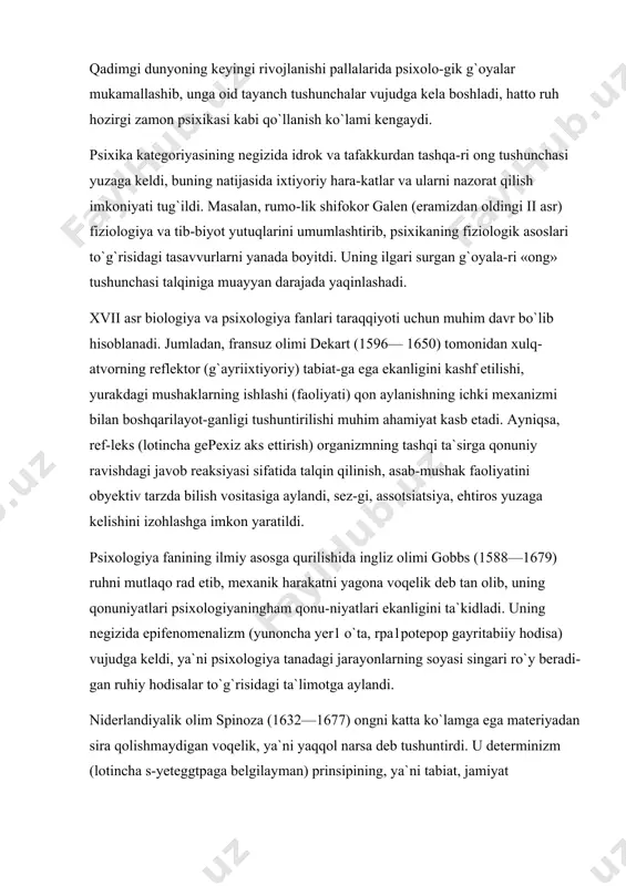 utafakkiri leybnits (1646-1716), ingliz faylasufi jon lokk (1632-1704), ingliz tadqiqotchisi gartli (1705-1757), fran-suz didro (1713-1784) kabilar g`oyalar assotsiatsiyasi (bog`lanishi) qonuni, idrok va tafakkurning paydo bo`lishi, qobiliyatlar psixo-logiyasi haqida muhim ta`limotlarini yaratish bilan fanning ri-vojlanishiga muhim hissa qo`shdilar. xviii asrga kelib nerv sistemasini tadqiq qilishda ulkan yutuq-larga erishildi (galler, proxazka), buning natijasida psixika mi-yaning funksiyasi ekanligi haqidagi ta`limot vujudga keldi. ing-liz tadqiqotchisi charlz bell va fransuz fransua majandi tomo-nidan yozuvchi va harakat nervlari o`rtasidagi tafovut ochib berildi, uning negizida reflektor yoyi degan yangi tushuncha psixologiya fani-da paydo bo`ldi. bularning natijasida ixtiyoriy (ongli) va ixtiyor-siz (ongsiz) reflektor turlari kashf qilindi. yuqoridagi ilmiy kashfiyotlar ta`sirida rus olimi i.m. sechenovning (1829—1905) reflektor nazariyasi ro`yobga chiqdi va ushbu nazariya psixologiya fa-nining fiziologik asoslari, mexanizmlari, bosh miya reflekslari-ning o`ziga xos xususiyatlari tabiatini ochib berish imkoniyatiga ega bo`ldi. psixologiya fanining eksperimental, psixoanalitik, bixevio-ristik, empirik, epifenomenalistik, geshtalt, assotsiativ, vyurs-burg, psixogenetik, reduksionizm, solipsizm, gumanistik, bioge-netik, sotsiogenetik kabi yo`nalishlari tomonidan …