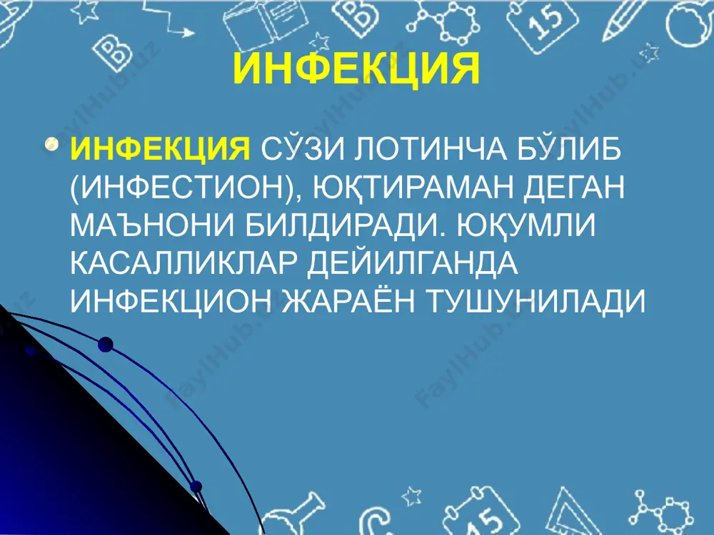 ar kuchli virulent bo'lishi mumkin (kasallik og'ir o'tadi.) kuchsiz virulent bo'lishi mumkin, ba'zida avirulent formalari ham uchrab turadi. virulentlik ko'rsatgichini o'lchash quyidagicha bo'ladi. ldm-eng kam miqdorda mikroblar 95% eksperimentdagi laboratoriya hayvonini o'ldiradi. ld50-50% tekshirilayotgan laboratoriya hayvonini o'ldirish uchun sarflangan mikrob miqdori bilan o'lchanadi. patogenlik faktorlari toksinlar - ekzotoksinlar va endotoksinlar agressiv fermentlar: plazmakoagulaza, letsitinaza, gialuronidaza, fibrinolizin neyroaminidaza va b. kapsula kiprikchalar virulentlik faktorlari adgeziya - yopishishi (xivchinlariga, kiprikchalariga, vorsinkalariga va makroorganizm xujayrasidagi retseptorlariga bog'lik bo'ladi) kolonizatsiya – ko'payishi (xujayra ichida yoki xujayra tashqarisida) invazivlik – to'kima ichiga kirishi (gialuronidaza , neyrominidaza) fagotsitozni susaytirish – (plazmokoagulaza, kapsula polipeptidi) . adgeziya va kolonizatsiya xususiyati. patogen mikroorganizmlar evolyutsion jarayonida ma'lum organlarda yashashga moslashgan bo'lib, shu organlardagi hujayralarda mikroorganizmning ximiyaviy strukturasiga nisbatan retseptorlar mavjuddir. shu retseptorlarga mikroorganizmlar maxsus adsorbtsiyalanadi va organlar yuzasida kolonizatsiya bo'lishi mumkin. kolonizatsiya bo'lish davrida shu organlar yuzasidagi normal florani qarshiligini engishi kerak. penitratsiya - hujayraga kirishi. ba'zi patogen bakteriyalar hujayralarga …