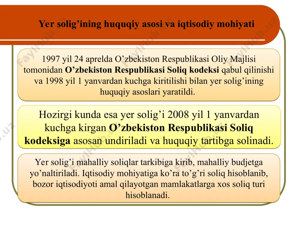 va boshqa shu kabi umumiy foydalanishdagi yerlar); 3) umumiy foydalanishdagi avtomobil yo’llari egallagan yerlar; yer solig‘i ob‘yekti quyidagi yer uchastkalari soliq solish ob’ekti sifatida hisoblanmaydi: 4) aholining madaniy-maishiy ehtiyojlarini qondirish va dam olishi uchun foydalaniladigan yerlar (daraxtzorlar, istirohat bog’lari, sayilgohlar, xiyobonlar, aholining ommaviy dam olishi va turizmini tashkil etish uchun belgilangan joylar, shuningdek ariq tarmoqlari egallagan yerlar); 5) davlat qo’riqxonalarining, kompleks (landshaft) buyurtma qo’riqxonalarining, tabiat bog’larining, davlat tabiat yodgorliklarining, buyurtma qo’riqxonalarning (bundan ovchilik xo’jaliklarida tashkil etiladigan buyurtma qo’riqxonalar mustasno), tabiiy pitomniklarning, davlat biosfera rezervatlarining, milliy bog’larning yerlari; yer solig‘i ob‘yekti quyidagi yer uchastkalari soliq solish ob’ekti sifatida hisoblanmaydi: 6) sog’lomlashtirish ahamiyatiga molik yerlar – tegishli muassasalar va tashkilotlarga doimiy foydalanishga berilgan, profilaktika hamda davolash ishlarini tashkil etish uchun qulay tabiiy shifobaxsh omillarga ega bo’lgan yer uchastkalari; 7) rekreatsiya ahamiyatiga molik yerlar – aholining ommaviy dam olishi va turizmini tashkil etish uchun tegishli muassasalar hamda tashkilotlarga berilgan yer uchastkalari; yer solig‘i …