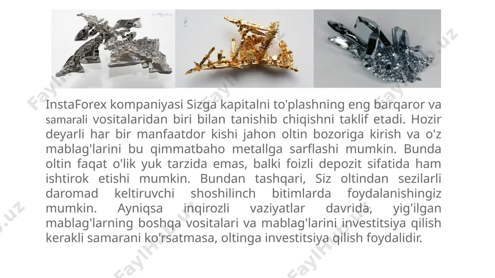 ning boshqa vositalari va mablag'larini investitsiya qilish kerakli samarani ko'rsatmasa, oltinga investitsiya qilish foydalidir. terminalda savdo qilish vositalarini tanlash quyidagi vositalar orqali taqdim etilgan: valyutali (107 valyuta juftligi), hosilalar (amerika aksiyalariga sfd va fyucherslarga sfd 34 ta bitim), shuningdek tovarli (gold va silver). metatrader savdo platformasi faqat savdo operatsiyalarinigina amalga oshirib qo'ymay, balki ishlashda avtomatik savdo tizimlaridan (maslahatchilardan), savdo indikatorlaridan, signallardan foydalanish imkonini beradi. сukut saqlash bo'yicha haqiqiy savdo hisob-varag'ini ochishda quyidagi parametrlar oldindan o'rnatib qo'yilgan: aqsh dollarlaridagi valyuta hisob-varaqlari; metatrader 4 savdo platformasi; 1:200 savdo yelkasi; server usa2. ochilgan hisob-varag'i ma'lumotlarini mijozlar kabinetida to'ldirish yoki o'zgartirish mumkin. savdoni boshlash uchun haqiqiy savdo hisob-varag'iga bir qancha oddiy operatsiyalarni bajaring: haqiqiy savdo hisob-varag'ini ochish prosedurasidan o'ting; hisob-varag'i raqami va parolini oling; hisob-varag'ini to'ldiring; metatrader 4 ni yuklab oling i olingan ma'lumotlar bilan avtorizatsiyadan o'ting; savdoni boshlang. alchemist-hp, creative commons litsenziyasi oltin noyob sariq rangi tufayli tanib olish uchun eng oson qimmatbaho …