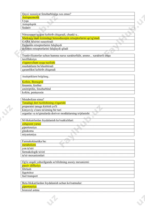 nimesil difengidramin, analgin fenamin, papaverin parkinson kasalligi uchun ishlatiladigan vositalar: levodopa aminazin fenobarbital geksenal omnopon rag'batlantiradi: vagus nerv markazini yo'tal markazi qon-tomir markazi nafas olish markazi bradikardiyani keltirib chiqaradi: beta-blokerlar alfa-blokerlar m-antixolinergiklar sempatomimetika antipsikotikni tanlang(butirofenon hosilasi): droperidol levomepromazin karbamazepin natriy karbamazepin oksibutirat aminazinga xos bo'lgan farmakologik ta'sirlarni belgilang? markaziy dofamin retseptorlari blokadasi adreno va xolinergik retseptorlari stimulyatsiyasi benzodiazepin retseptorlari iingibatsiyasi dofamin retseptorlari stimulyatsiyasi aminazinning yon ta'siri qanday? ekstrapiramidal kasalliklar narkotiklikka qaramlik eyforiya uyqusizlik, eyforiya m-xolinoblokatorlar qo'llanilmaydi: glaukomada oshqozon yarasi kasalligi bronxial astma bradyaritmiyalar adrenergik sinapslarni rag'batlantiradi: efedrin, norepinefrin reserpin, prazosin atropin, metatsin anaprilin, izadrin aminazin ... qo’llaniladi o'tkir psixozlarda, chidab bo'lmas qusishda uyqu tabletkalari yoki narkoz bilan zaharlanishda yurak stimulyatsiyasi va aritmiyalarda yurak blokadasi va aritmiya uchun benzodiazepin trankvilizatorlari uchun bu xarakterlidir ... uyqu boshlanishiga hissa qo'shadi yuquni qochiradi qon bosimining oshishiga olib keladi kardiotonik ta'sirga ega trankvilizatorlar keltirib chiqaradigan nojo'ya ta'sirlar.. narkotiklikka qaramlik uyqusizlik, asab tizimining charchashi ekstrapiramidal kasalliklar …