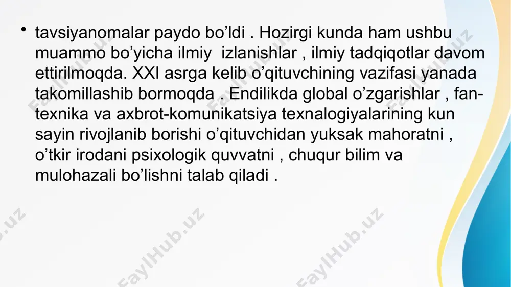 ’z tajribasidan kelib chiqib, o’quvchilarning yosh xususiyatlarini hisobga olgan holda, quyidagilarga qattiq e’tibor berishi shart. _ integral fanlarning ilg’or yutuqlari, kompyuter, pedtexnologiyalar va axborot texnologiya imkoniyatlaridan keng foydalanish, darsni zamonaviy o’quv –tarbiyaviy jarayon qonuniyatlari asosida tashkil etish; _ darsda barcha didaktik tamoyil a qoidalarning optimal nisbatlarini ta’minlash; _ o’quvchilarning qiziqishi, iqtidori va talablarini hisobga olish; _ o’quvchining o’zi qiziqqan, orzu qilgan kasbi bo’yicha mahoratini shakllantirishni motivatsiyalash va faollashtirish; hozirgi kun o’qituvchisi eng avvalo, faol, mehnatkash, fidoyi, talabchan, izlanuvchan, davr bilan hamnafas hamda ijodkor bo’lishi kerak! o’qituvchilik kasbi yuksak sharafli kasbdir. bu kasb hech bir kasbga kasbga o’xshamaydi . taniqli rus pedagogi a.s.makarenko o’qtuvchilik kasbiga juda yuqori baho berib unga shunday tarif beradi: ‘’ tarbiyachi tashkil etishni , yurishni , hazillashishni , quvnoq yoki jaxldor bo’lishni bilish lozim , u o’zini shunday tutish kerakki , uning har bir harakati , yurish-turishi , kiyinishi bolalarni tarbiyalasin.’’ bu tarifdan shunday hulosa kelishi mumkin …