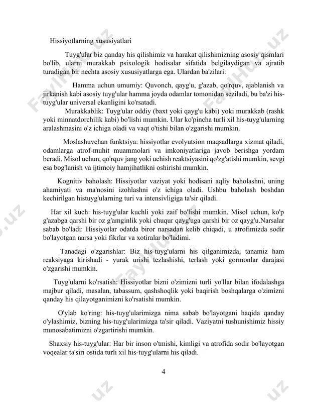 adi: baxt: quvonch, mamnunlik va qoniqish hissi bilan tavsiflanadi. g'amginlik: qayg'u, qayg'u yoki umidsizlik hissi bilan bog'liq. qo'rquv: idrok etilgan tahdid tufayli yuzaga keladi, bu tashvish yoki qo'rquv hissini keltirib chiqaradi. g'azab: dushmanlik, umidsizlik yoki g'azab hissini o'z ichiga oladi. ajablanish: ijobiy yoki salbiy bo'lishi mumkin bo'lgan kutilmagan hodisaga javob. jirkanish: ko'pincha yoqimsiz narsaga javoban kuchli nafrat yoki jirkanish hissi. murakkab tuyg'ular: bu his-tuyg'ular asosiy his-tuyg'ularning kombinatsiyasi bo'lib, madaniy va shaxsiy tajribalardan ta'sirlanishi mumkin. bunga misollar kiradi: sevgi: birovga chuqur mehr va g'amxo'rlik, ko'pincha baxt, ishonch va iliqlikni birlashtiradi. rashk: ishonchsizlik, qo'rquv va hasad tuyg'ularini o'z ichiga oladi, odatda munosabatlar kontekstida. aybdorlik: noto'g'ri ish qilganlik yoki o'z axloqiy me'yorlarini buzganlik hissidan kelib chiqadi. sharmandalik: o'z-o'zidan qilingan nopok yoki noto'g'ri ishning ongidan kelib chiqadigan og'riqli tuyg'u. mag'rurlik: o'zining yoki boshqasining yutuqlaridan qoniqish va muvaffaqiyat hissi. minnatdorchilik: kimgadir yoki biror narsaga minnatdorchilik va minnatdorchilik hissi. ijobiy his-tuyg'ular: odatda yoqimli tajribalar va kerakli …