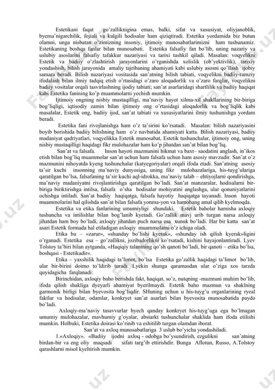 mumiy nazariyasi» nomli asarida «san’at asarlari va san’atkor amal qiladigan normalargina emas, balki ryeal turmushdagi buyumlar, faktlar va qonunlar ham estetik muhokama pryedmyetidir,- dyeb ta’kidlaydi. uning xizmati shundaki, u fanga «estetika» - dyegan mavhum tyerminga «hamma uchun qiziqarli» dyegan nom byerdi. olamdagi maxluqotlar orasida aql-idrok sohibi bo’lgan odamga, yorug’likni, qorong’ulikdan, (tunni kundan), turfa xil ranglarni bir-biridan farqlay olish, kulgili va fojiali holatlarni mushohada etish, go’zallik, ezgulik, ulug’vorlik, oliyjanoblik olamiga intilish bilan birga xunuklik, xudbinlik, loqaydlik, johillik pastkashlik illatlariga qarshi kurash olib borish qobiliyatini ham in’om etgan. inson shu qobiliyati tufayli o’zligini anglab komillik sari intilib kyelmokda. insonning o’ziga, o’zi yashayotgan turli muhitga havodyek zarur bo’lgan go’zallik, nafosat dunyosini yaratishdyek mashaqqatli myehnati tufayli shu qadar ulug’vor ahamiyatga molik bo’lgan ma’naviy boylikni vujudga kyeltirdiki, ularga hayrat bilan boqib, insonning aql farosat qudratiga tahsinlar aytamiz. nafosat va go’zallik olami shu qadar xilma-xil, rang-barang, jozibali, ehtirosli, mo’’jizali, syehrliki, unda moddiy go’zallik bilan ma’naviy go’zallik …