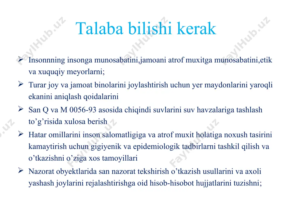 ari ko’rsatilib aloxida reja loyixalari tuziladi 3)qurilish loyixasi tayyorlanadi birinchi bosqich-shaxar qurilishi uchun asosiy xujjat bo’lgan shaxar bosh loyixasini ishlab chiqish.axolisi 500000 va undan ko’p bo’ladigan shaxarni loyixalashtirish ikki bosqichda amalga oshiriladi.birinchi bosqich-shaxarni rivojlanishini texnik iqtisodiy asosini tuzish,shaxarni bosh loyixasini eskizini tuzish. ikkinchi bosqich-shaxsiy bosh loyixani tuzish ikkinchi bosqich-aloxida loyixalar rejasini ishlab chiqish va aloxida turar joy va ishlab chiqarish rayonlarini,umum shaxar markazini va shunga o’xshashlarni qurilish eskizini ishlab chiqish uchinchi bosqich-aloxida mikrorayon,kvartal,turar joy binolari guruxi,umumjamoa kompleksi qurilish loyixalari va arxitektur-loyixaviy yopshiriqlar rejalari asosida ishlab chiqiladi. axoli punktini rejalashtirish va qurilishi loyixalarini sanitariya ekspertizasida quyidagilar ko’rsatiladi axoli punktini nomlanishi,uning turi,uning qurilishi yoki qayta qurilishi xaqida taalluqli tashkilotlarning qarorlari borligi axolini joylashtirish uchun xududni … aniqlash,tabiiy iqlim sharoitlari qanchalik xisobga olingan. xududnifunksional mintaqalarga bo’linganligini baxolash ishlab chiqarish va turar joy mintaqalari orasida sxmni yetarliligini aniqlash loyixada asosiy gigiyenik ko’rsatkichlarga amal qilinganligini aniqlash a)brutto yashash imoratlari qurilishi zichligi b)brutto-yashash fondi zichligi v)brutto-axoli …