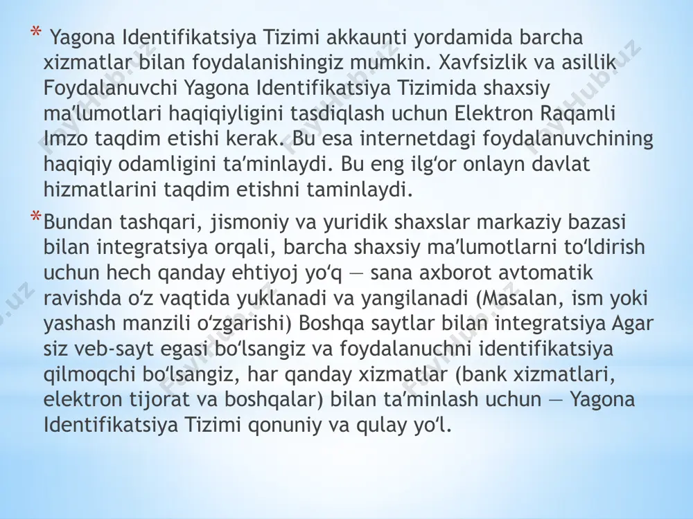 aridan foydalanish. milliy axborot tizimi uning tarkibiga kiruvchi axborot tizimlarining xalqaro axborot tizimlari bilan bir-biriga mosligini hisobga olgan holda yaratiladi. hozirgi davrda fan va texnikada ko‘p qullaniladigan tushunchalardan biri- tizimdir. axborot tizimini ishlab chiqarishdan maqsad – tashkiliy loyihalashtirish, texnologik va hakozo jihatlarini hisobga olgan holda tizim faoliyatining samaradorligini oshirishdir. o‘zbekiston respublikasining axborotlashtirish sohasidagi davlat siyosati axborot resurslari, axborot texnologiyalari va axborot tizimlarini rivojlantirish hamda takomillashtirishning zamonaviy jahon tamoyillarini hisobga olgan holda, milliy axborot tizimini yaratishga qaratilgan. ta’kidlash joizki, milliy axborot tizimiga davlat organlari, shuningdek, yuridik hamda jismoniy shaxslar, tarmoq va hududiy axborot tizimlari kiradi. axborot tizimi esa axborotni to‘plash, saqlash, izlash, unga ishlov berish hamda undan foydalanish imkonini beradigan, tashkiliy jihatdan tartibga solingan jami axborot resurslari, axborot texnologiyalari va aloqa vositalaridir. axborot tizimi tarkibidagi elektron shakldagi axborot, ma’lumotlar banki, ma’lumotlar bazasi axborot resurslarini tashkil etadi. o‘zbekiston respublikasining “axborotlashtirish to‘g‘risida”gi qonuni (11.12.2003 yil) 19-moddasida ko‘rsatilganidek, axborot resurslari va axborot tizimlarini muhofaza …