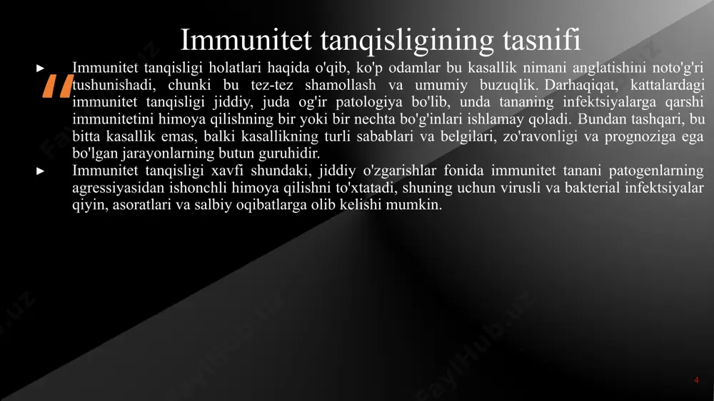 vaqt ketishi mumkin. ba’zan qayta sinov qilinishi talab etiladi. 12 oitsni davolash oiv/oitsni davolashni antiretrovirus terapiya va opportunistik infektsiyalarning simptomatik terapiyasiga ajratish mumkin. infektsiyalanish erta muddatlarda aniqlanganda antiretrovirusli davolanish juda muhimdir — bu hayot sifatini yaxshilaydi, umr ko’rish davomiyligini uzaytiradi. shuningdek, 2013-yil iyun oyida chop etilgan jahon sog’liqni saqlash tashkiloti yo’riqnomalariga muvofiq yuqtirish xavfini kamaytiradi. bugungi kunda qo’llaniladigan terapiya usullari va erishilgan natijalar tarixi: 1985-yilda zidovudin preparati (retrovir, zdv, azt) — oiv-infektsiyani davolash uchun klinik tekshiruvlardan o’tdi. 1987-yildan buyon antiretrovirus terapiyada keng qo’llaniladi. 1964-yilda saratonga qarshi kurashish uchun sintez qilingan edi. ` 13 nazorat qilish qat’iylik — oitsni davolash faqat dori-darmonlar o’z vaqtida qabul qilinganda samarali bo’ladi. hatto bir necha dozaning yo’qligi davolanishni xavf ostiga qo’yishi mumkin. kundalik metodik dastur bemorning turmush tarzi va tartibi atrofida davolanish rejasiga muvofiq bo’lishi uchun dasturlashtirilishi kerak. bir bemor uchun davolash rejasi boshqa bir bemor uchun mos kelmaydi. umumiy salomatlik — bemor dori-darmonlarni to’g’ri …