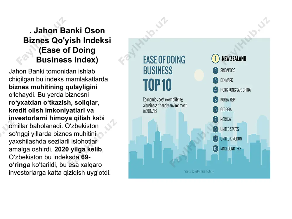 lariga ko‘ra, o‘zbekiston bu indeksda 69-o‘rinni egallagan, bu esa sog‘liqni saqlash sohasidagi islohotlar va pandemiyaga tayyorlik darajasining yaxshilanishini ko‘rsatadi. global savdo ko‘rsatkichlari indeksi (logistics performance index, lpi) jahon banki tomonidan ishlab chiqilgan ushbu indeks mamlakatlarning logistika va savdo infratuzilmasini baholaydi. bu yuk tashish, bojxona tartib-qoidalari, transport sifati va logistika samaradorligini o‘lchaydi. o‘zbekistonning o‘rni: 2023 yil ma'lumotlariga ko‘ra, o‘zbekiston bu indeksda 99-o‘rinda turadi. bu mamlakatning xalqaro savdo va logistika infratuzilmasi bo‘yicha yaxshilanish imkoniyatlarini ko‘rsatadi. global terrorizm indeksi (global terrorism index, gti) institut for economics and peace tomonidan ishlab chiqilgan ushbu indeks dunyo bo‘ylab terrorizm darajasini o‘lchaydi. bu terrorizm bilan bog‘liq hodisalar soni, halok bo‘lganlar soni va moliyaviy zarar kabi omillarga asoslanadi. o‘zbekistonning o‘rni: 2023 yil ma'lumotlariga ko‘ra, o‘zbekiston gti indeksida quyi o‘rinlardan birini egallaydi, bu esa mamlakatda terroristik xavflarning pastligini ko‘rsatadi. global barqarorlik indeksi (global peace index, gpi) economics and peace instituti tomonidan tayyorlangan ushbu indeks dunyo mamlakatlaridagi tinchlik va xavfsizlik …