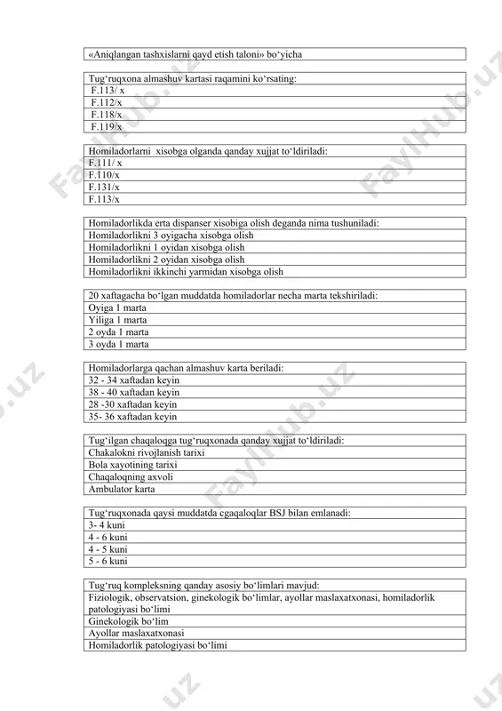 muddatda cgaqaloqlar bsj bilan emlanadi: 3- 4 kuni 4 - 6 kuni 4 - 5 kuni 5 - 6 kuni tug‘ruq kompleksning qanday asosiy bo‘limlari mavjud: fiziologik, observatsion, ginekologik bo‘limlar, ayollar maslaxatxonasi, homiladorlik patologiyasi bo‘limi ginekologik bo‘lim ayollar maslaxatxonasi homiladorlik patologiyasi bo‘limi tug‘ruq kompleksdagi observatsiya bo‘limiga kimlar keladi: yuqumli kasalliklarning belgisi bo‘lgan, almashuv kartasi bo‘lmagan ayollar somatik kasalliklarning belgisi bo‘lgan tugadigan ayollar ambulator kartasi bulmagan tugadigan ayollar tug‘ruqxonadan tashkarida tuggan ayollar patronajning qanday turlari mavjud: faol va passiv passiv va doimiy faol va doimiy kundalik bir yoshgacha bo‘lgan bolalar necha marta patronaj kilinadi: har oyda 6 oyda 1 marta 3 oyda 1 marta oyiga 2 marta bemorni gospitalizatsiya qilganda qanday xujjat to‘ldiriladi: 003 x 004x 006x 001x kasalxonada o‘rinlarning yillik o‘rtacha bandligi me’yor bo‘yicha nechaga teng: 340 kun 320 kun 315 kun 365 kun bemorni o‘rinda o‘rtacha bo‘lish muddati qaysi formula bilan aniqlanadi: ubm=yildagi o‘rin kunlar soni / yotkizilgan bemorlar …