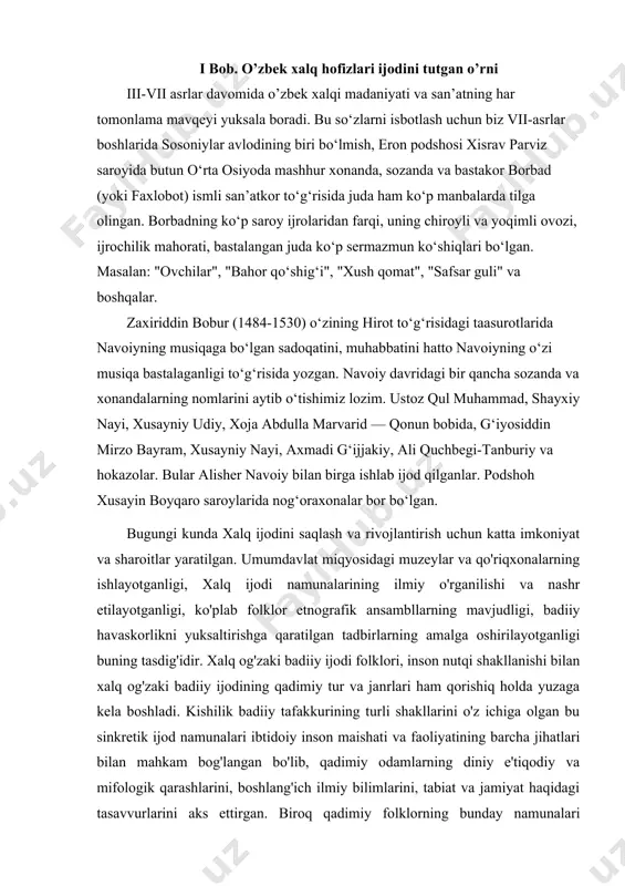 chunki kishilik jamiyatining umumiy estetik talabi va ehtiyoji uzoq yillar davomida faqat adabiyot bilan emas, balki folklor bilan ham mustaxkam bog'liq bo'ldi. so'z san'ati bu 2 turining mustaqil rivoji, adabiyot va folklor asarlari yaratilgan ijtimoiy muhitdagi farqdan, ijodiy jarayonning xilma xilligi ularning o'zlariga xos spets xususiyatlarini yanada kuchaytirdi. natijada adabiyot va folklor o'zlariga xos muayyan estetik tizim, janrlar tarkibi, badiiy xususiyatlarga ega bo'lgan so'z san'atining mustaqil 2 turi — og'zaki va yozma turi sifatida rivojlanishda davom etdi. yaratuvchilik va ijrochilik jarayonining og'zakiligi va unda ko'pchilikning ishtirok etishi xalq og'zaki badiiy ijodining asosiy xususiyatidir. uning an'anaviylik, o'zgaruvchanlik, variantlik, ommaviylik, anonimlik kabi ko'pdan ko'p belgilari folklorga xos ijodiy jarayonning ana shu bosh xususiyati doirasida namoyon bo'ladi. folklor namunalari og'zaki yaratilib, ajdodlar va avlodlar aloqadorligida og'zaki tariqatlar hamda ommaviy repertuardan keng o'rin olar ekan, bunda badiiy shakllarning barqarorligi, matndan matnga o'tuvchi umumiy o'rinlarning qat'iylashganligi, o'xshash sayyor syujetlarning ko'pligi imkoniyat yaratadi. har bir ijodkor …
