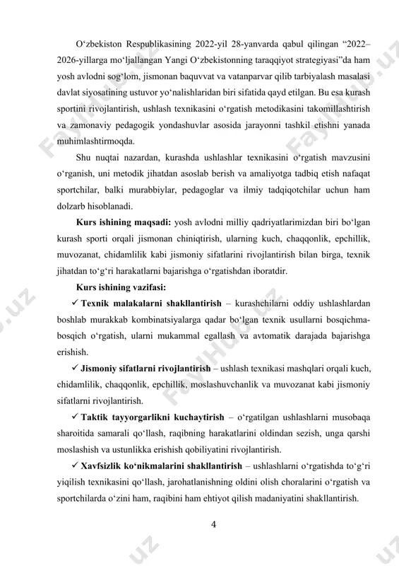 dar bo‘lgan texnik usullarni bosqichma-bosqich o‘rgatish, ularni mukammal egallash va avtomatik darajada bajarishga erishish. · jismoniy sifatlarni rivojlantirish – ushlash texnikasi mashqlari orqali kuch, chidamlilik, chaqqonlik, epchillik, moslashuvchanlik va muvozanat kabi jismoniy sifatlarni rivojlantirish. · taktik tayyorgarlikni kuchaytirish – o‘rgatilgan ushlashlarni musobaqa sharoitida samarali qo‘llash, raqibning harakatlarini oldindan sezish, unga qarshi moslashish va ustunlikka erishish qobiliyatini rivojlantirish. · xavfsizlik ko‘nikmalarini shakllantirish – ushlashlarni o‘rgatishda to‘g‘ri yiqilish texnikasini qo‘llash, jarohatlanishning oldini olish choralarini o‘rgatish va sportchilarda o‘zini ham, raqibini ham ehtiyot qilish madaniyatini shakllantirish. · bosqichma-bosqich o‘rgatish metodini qo‘llash – o‘quvchilarni dastlab oddiy harakatlardan boshlash, keyinchalik murakkab kombinatsiyalarni o‘rgatish va ularni musobaqa sharoitida sinovdan o‘tkazish. kurs ishining predmeti: sportchilarni kurash jarayonida qo‘llaniladigan turli xil ushlash usullari, ularning texnik va taktik jihatlari, pedagogik va metodik asoslari, hamda mazkur usullarni amaliy mashg‘ulotlarda va musobaqa sharoitida to‘g‘ri bajarishga o‘rgatish jarayonidir. kurs ishining obyekti: kurash sport turi bilan shug‘ullanayotgan yoshlar, o‘quvchilar, sportchilar va ularning mashg‘ulot …