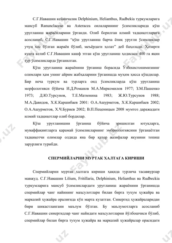 ак халтанинг тузилмасидаги ҳолати шундаки, чанг найи микропиледан ўтганидан кейин синергидларнинг биттаси билан бевосита таъсирда бўлиб, унга киради. бу пайтда чанг найи бўкиши кузатилади. синергидлар сув шимиши, ипли аппаратнинг шилимшиқли ғовак массага айланиши натижасида чанг найини ўзи орқали ўтишига имкон яратади. синергидлар билан бевосита таъсирда бўлган чанг найи маҳсулотларини синергидларга тўкади. синергиднинг апикал қисмини юпқа пўсти шикастланиши натижасида чанг найининг бир қисми, цитоплазмали спермий тухум ҳужайра ва марказий ҳужайранинг оралиғига ўтади. бу маълумотларга асосланиб с.н.навашин синергидлар ҳақиқатдан ҳам спермийларни тухум ҳужайра ва марказий ҳужайра орасидаги “ёриқ” жойдан олиб ўтиш вазифани бажаради деган хулосага келган. “ёриқ” бу – тухум ҳужайранинг апикал қисми билан марказий ҳужайра орасидаги жой ҳисобланиб, етук даражага етган тухум ҳужайрада одатда кўринмайди. чанг найининг цитоплазмаси ҳужайралараро бўшлиққа қўйилганда уни кенгайтиради у ерда спермийлар маълум муддат давомида бўлиб, кейинчалик тухум ва марказий ҳужайралар томонга харакатланиши электрон микроскопда олинган маълумотлар ҳам тасдиқлаган. чанг найи шикастлаган синергидда вакуоланинг йўқолиши, цитоплазмани донадор …