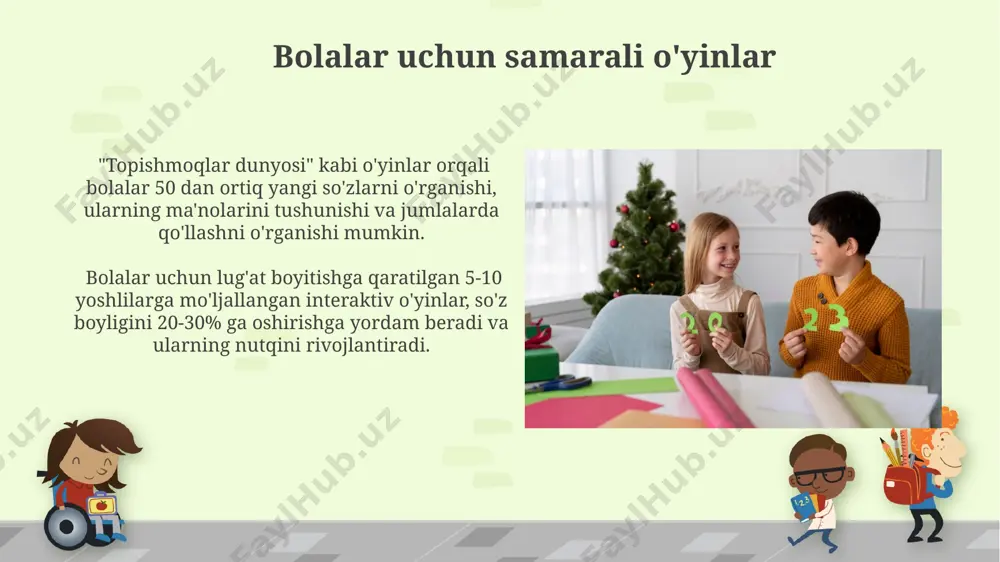 larli yutuqlarga erishish imkonini beradi. interaktiv o'yinlarning afzalliklari interaktiv o'yinlar, masalan, "so'z topish" yoki "so'z qo'shish" kabi vazifalar orqali, o'rtacha 20% ga yaqin yangi so'zlarni o'zlashtirishni tezlashtiradi va uzoq muddatli xotiraga saqlashga yordam beradi. 7 yoshdan 12 yoshgacha bo'lgan bolalar uchun mo'ljallangan interaktiv o'yinlar, o'rtacha 500 dan ortiq yangi so'zlarni o'rganish imkonini beradi, ularning nutqini rivojlantirishga ijobiy ta'sir ko'rsatadi. kattalar uchun samarali o'yinlar "scrabble" o'yini kabi harflarni birlashtirish orqali so'z yaratishga asoslangan o'yinlar, kattalarda 5-7 mingta yangi so'zni o'rganishga yordam beradi va ortografik ko'nikmalarni rivojlantiradi. kattalar uchun so'z boyligini oshirishga qaratilgan "words with friends" kabi 1000 dan ortiq so'z o'z ichiga olgan so'z topish o'yinlari, semantik munosabatlarni tushunish va lug'at zahirasini kengaytirishda samarali vosita bo'la oladi. e'tiboringiz uchun rahmat @taqdimot_robot image6.jpg image7.jpg image8.jpg image9.jpg image10.jpg image11.jpg image12.jpg image13.jpg image14.jpg image15.jpg image16.jpg image17.jpg image1.png