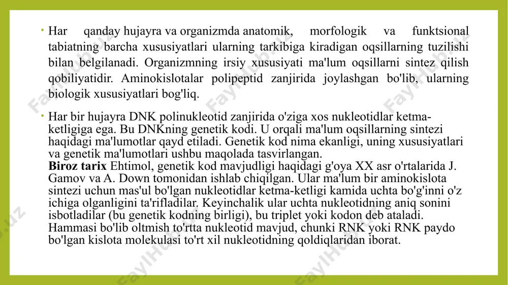 'lumot bu kontseptsiya ajdodlardan o'tgan xususiyatlar dasturini anglatadi. u irsiyatga genetik kod sifatida kiritilgan. protein sintezi jarayonida amalga oshiriladigan genetik kod: ma'lumot va rnk; ribosoma rrnk. axborot to'g'ridan-to'g'ri aloqa (dnk-rnk-oqsil) va teskari (atrof-oqsil-dnk) orqali uzatiladi. organizmlar uni qabul qilishi, saqlashi, uzatishi va undan samarali foydalanishi mumkin. axborot meros bo'lib, organizmning rivojlanishini belgilaydi. ammo atrof-muhit bilan o'zaro ta'sir tufayli, ikkinchisining reaktsiyasi buziladi, buning natijasida evolyutsiya va rivojlanish sodir bo'ladi. shunday qilib, tanada yangi ma'lumotlar paydo bo'ladi. molekulyar biologiya qonunlarini hisoblash va genetik kodning ochilishi genetikani darvin nazariyasi bilan birlashtirish zarurligini ko'rsatdi, uning asosida evolyutsiyaning sintetik nazariyasi - klassik bo'lmagan biologiya paydo bo'ldi. irsiyat, o'zgaruvchanlik va darvinning tabiiy tanlanishi genetik jihatdan aniqlangan tanlov bilan to'ldiriladi. evolyutsiya genetik darajada tasodifiy mutatsiyalar va atrof-muhitga eng moslashgan eng qimmatli xususiyatlarni meros qilib olish orqali amalga oshiriladi. 90-yillarda inson genomi loyihasi ishga tushirildi, buning natijasida 2000-yillarda inson genlarining 99,99 foizini o'z ichiga olgan genomning bo'laklari topildi. …