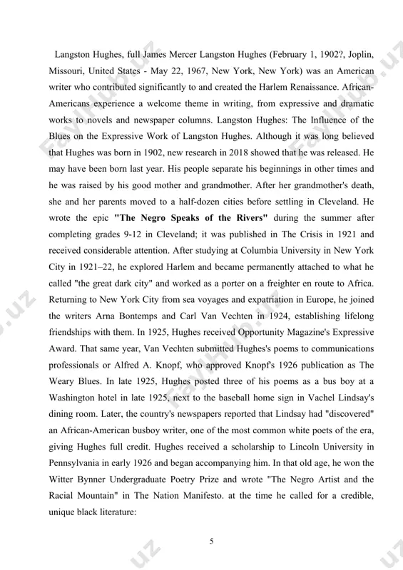 n all areas, including a pictorial history of the negro in america (1956) and the anthologies negro poetry (1949) and the book of negro folklore (1958; with bontemps). he went on to write numerous works for the entertainment industry, including the text of street scene, an opera with music by kurt weill that premiered in 1947. black birth (1961; film 2013) is a didactic play using hughes's poetry. bible flags and passages to the bible to retell the fictional story of the birth of jesus. it was a worldwide success, and movements of the work (often different from the original) strengthened the christmas tradition in many black churches and centers of enlightenment. he also wrote poetry before his death. the panther and the eyelash, published posthumously in 1967, was with and involved with the black power movement, and more specifically, the black panther party, which had been formed in his …