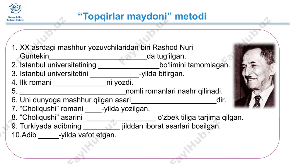 nni eshitsa bo‘lar edi, qarindoshlariga suyanishi mumkin edi… xavf-xatar: o‘ta go‘zal, yosh,himoyasiz, yolg‘iz farida “to‘g‘risini toping” metodi orqali asar qahramonlarini ta’riflang komron farida najmiya narimon mujgon chavandoz uy bekasi talaba muallima shifokor jurnalist shifokor uy bekasi uy bekasi uy bekasi shifokor muallima harbiyning qizi faridaning raqibi xolasining qizi muallim talaba savdogarning qizi mehmon dugona “xayol mashqi” metodi fransuz tili muallimasi _____________ bir kun bizga inshodan vazifa topshirdi. “ ___________________ ni yozishga harakat qiling.ko‘raylik-chi, nimalarni __________________________ekansizlar.’’ “ men_________ singari _____________________ tug‘ilganga o‘xshayman. onamni es-es bilaman… otam____________ham esimda. bir kuni meni ko‘chada quvgan______________ni… bir kun to‘la savatda yashiriqcha_____________olayotganimda chaqib olgan arini…________________o‘g‘riganda tomizilgan qizil dorini…mehribon______________________bilan istanbulga kelganimizni.” faridaga qo‘yilgan laqablar yuzasidan mulohaza qiling ipak qurti choliqushi gulbashakar choliqushi borgan manzillarni toping istanbul taqirdog‘i zaynilar diyorbakir qushotasi bursa choliqushining do‘stlariga ta’rif bering mishel:… xayrullobey:… mujgon:… “kimga tegishli?” metodi asarda keltirilgan tasvirlar kimga tegishli ekanligini aniqlang. 1. “ fe’li bo‘ri bolasiga o‘xshasa-yu, yuzi rassom chizganday …