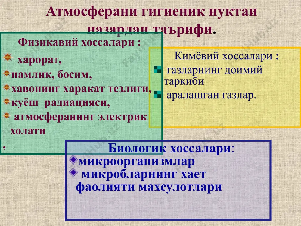 и: кессон-сув остида фаолият кўрсатадиган иншоот. азот организмдаги суюқликлар, қон,тўқималараро суюқликларда кўп миқдорда эрийди бу касаллик юқори атмосфера босимдан нормал ат/бос тез ўтиш шароитида содир бўлади “кессон касаллиги” асосий сабабчи(газли эмболия) -декомпрессион касаллик бу касаллик нормал атм/бос бирданига жуда кам ёки паст босимга ўтиш шароитида юзага келади -овқат моддаларини синтезлаш (табиатда азотнинг айланиши) 1 озон озон қатламининг емирилиши ер юзидаги инсоният, ҳайвонот, ўсимликлар олами, яъни яхлит экотизимга жиддий хавф туғдиради озон “туйнуклари” (фреонлар, азот оксидлари, хлорфторуглеводородлар, кондиционерлар,ўт ўчиришда қўлланиладиган мосламалар) вена конвенцияси. монреаль протоколи қабул қилинди. 80 яқин лойиҳалар, 190 давлат ратификация қилинган 2050 йй (70-80 йй) гелий ўпка тўқимасини “ателектаз”дан ҳимоя қилади ҳаво мухит/г биологик хоссаси ҳавони патоген микроблар билан ифлослаш манбаи: бемор одамлар ва ҳайвонлар патоген микроблар б/н ифлосланган ҳаво, «аэроген» инфекцияларни узатувчи омил ҳисобланади энг муҳим аэроген инфекциялар: болалар инфекцияси (қизамиқ, кўк йўтал, қизилча, юқумли паротит, бўғма), грипп, вирусли уткир респиратор инфекциялар, стрепто- ва стафилококкли инфекциялар ва …