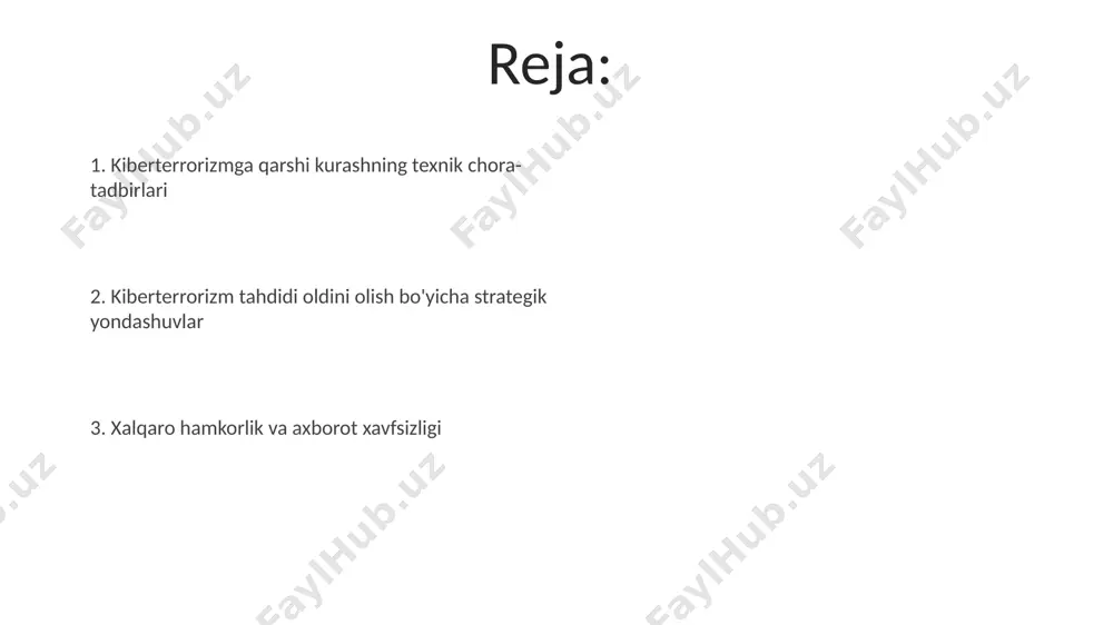 sh bo'yicha malakali mutaxassislar tayyorlash uchun 10 yildan ortiq muddatga mo’ljallangan maxsus o’quv dasturlari yaratish zarurligi ta’kidlangan. kiberterrorizmga qarshi kurashda innovatsion texnologiyalar kvant kriptografiyasi kiberxavfsizlikni tubdan yaxshilaydi va hozirgi kriptoalgoritmlarning cheklanganligi sababli yuzaga keladigan zaifliklarni bartaraf etadi, shuningdek, 128-bit kalitlardan foydalanish bilan himoyani kuchaytiradi. kiberxavfsizlikni kuchaytirish uchun sun'iy intellekt yordamida tahdidlarni aniqlash tizimlari 90% gacha aniqlik bilan zararli dasturlar va kiberhujumlarni oldini oladi. blockchain texnologiyasi ma'lumotlarning o'zgartirilmasligini ta'minlaydi, bu esa kiberterrorchilarning ma'lumotlarga kirishini va ularni o'zgartirishini qiyinlashtiradi va haqiqiylikni 99% ga oshiradi. kiberinfrastruktura himoyasini mustahkamlash kiberinfrastruktura himoyasini mustahkamlashda ikki omilli autentifikatsiya (2fa) tizimlarini joriy etish va kamida 12 ta belgidan iborat murakkab parollardan foydalanish majburiy bo'lishi kerak. milliy kiberinfrastruktura himoyasini yaxshilash uchun, kiberhujumlarni aniqlash va ularga javob berish tizimlarini o'rnatish va kamida 100 ta mutaxassisdan iborat malakali jamoani tayyorlash lozim. kiberxavfsizlikka qarshi kurashda samarali bo'lish uchun, davlat sektorida kamida 5 yillik muddatga mo'ljallangan kiberxavfsizlikni rivojlantirish strategiyasini ishlab chiqish va amalga …