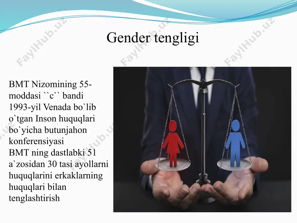 ʼyicha milliy institutlar tashkil etilgan. buning tasdigʼini ayollarning siyosiy partiyalardagi faolligi 36 foizdan 50 foizgacha oshganida kuzatishimiz mumkin. bugungi kunda ayollarimiz iqtisodiyotning barcha tarmoqlarida faoliyat yuritib kelmoqdalar. jumladan, sanoatda 52%, xalq taʼlimi tizimida 70%, sogʼliqni saqlash tizimida esa 73% ayollar mehnat qilmoqdalar4 xulosa! xulosa o‘rnida shuni ta’kidlash lozimki, rivojlangan davlatlarda ayolning huquq va erkinliklari muhim omil sifatida e’tirof e’tiladi. bunga sabab oddiy ya’ni ayolning qadr-qimmati uning jamiyatdagi o‘rni bilan belgilanadi. ayollar qanchalik ilm-fan sohasida, yoki ijtimoiy -siyosiy sohalarda faolligi oshgansari jamiyat ham yuksala boshlaydi. ayollarning intellektual salohiyati yuksalishi, jamiyatda komil insonlarning kamol topishi uchun zamin yaratadi. jamiyatda erkak va ayolning teng huquqli ekanligi, oilaning mustahkamligini huquqiy jihatdan mustahkamlsa, ayollarning yuksak ma’naviyati esa oilani axloqiy jihatdan mustahkamlaydi. chunki davlat tomonidan ayollarga berilgan har qanday e’tibor bu kelajak sari tashlangan yuksak qadamdir. foydalanilgan manbalar inson huquqlari darslik.mo`minov abdulhay rashidovich ,tillaboyev mirzatillo alisherovich.2013-yil jinoyat kodeksi oila kodeksi o`zbekiston respublikasi konstitutsiyasi darslik https://uz.m.wikipedia.org. image2.png …