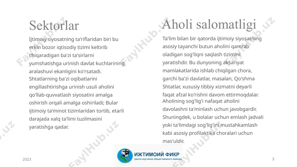 at har bir mamlakatda odamlarning turmush sifatini yaxshilashga qaratilgan siyosat sifatida aniqlandi. ilgari ushbu turdagi qonunchilik mavjud bo'lishiga qaramay, u uchun aniq rejalar tuzila boshlandi. ba'zi ekspertlar, bu ijtimoiy adolatga erishish niyatida davlatning makro darajada aralashuvi ekanligini tasdiqlaydilar. shuningdek, bu har bir hududda tinchlikni saqlashning bir usuli hisoblanadi, chunki qashshoqlik sharoitida aholi guruhlarining mavjudligi ko'pincha ziddiyat va g'alayonlarga olib keladi. 2023 7 7 image1.jpg image2.jfif image3.jpeg image4.jpg image5.jpg image6.png image7.~