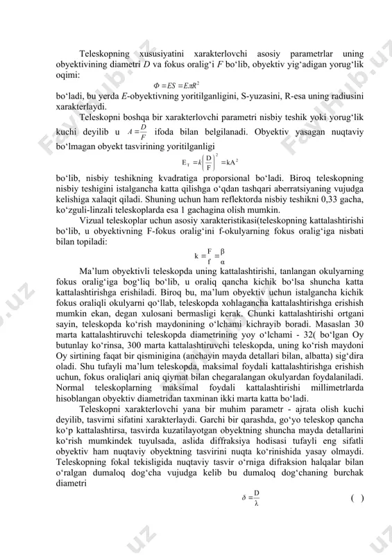 ‘lib, u shmidt sistemasi deb yuritiladi. shmidt sistemasi bosh ko‘zgudan va uning egrilik radiusi markaziga o‘rnatilgan shisha plastinkadan tashkil topgan bo‘lib, shisha plastinkaning bir tomoniga shunday egrilik berilganki, natijada uning markaziy qismi yig‘uvchi linza, gardishi esa sochuvchi linza kabi ishlaydi. bunday sistema, tasvirni sferik aberratsiya, koma va astigmatizmdan xoli bo‘lishini ta’minlashi bilan muhim hisoblanadi. odatda bunday sistemada buzilmagan (vinyetirovaniyesiz) katta ko‘rish maydoniga erishish uchun plastinkaning diametri ni ko‘zguning diametri - nikidan kichik qilinib, teleskopning o‘lchami nisbat ko‘rinishida beriladi. sobiq ittifoqda shmidt sistemasidagi birinchi teleskop engelgardt (estoniya) observatoriyasida 1938 yilda ishga tushirildi. 2. d. d. maksutovning meniskli sistemasi, sovet olimi d. d. maksutov tomonidan 1941-1944 yillarda kashf etilgan bo‘lib, sferik bosh ko‘zgudan va uning fokal tekisligidan oldin o‘rnatilgan optik kuchi taxminan nolga teng bo‘lgan sferik linzali meniskdan tashkil topgan. bunday sistemada aberratsiyaning deyarli hamma turi (sferik va xromatik aberratsiya, koma, astigmatizm) yo‘qotilganligi bilan boshqa sistemalardan afzal hisoblanadi. minsk refraktorlarining axromatik obyektivlariga …