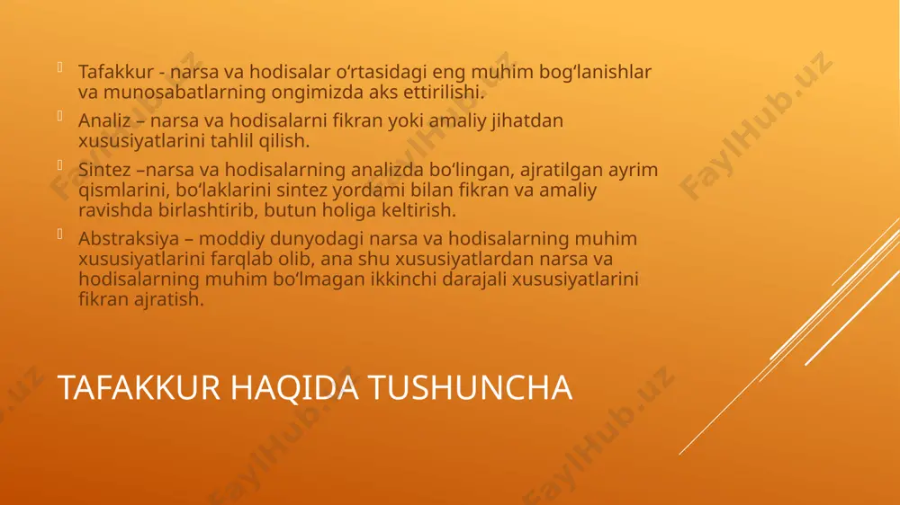 di . nazariy tafakkurda tushunchali va obrazli tafakkur, amaliy tafakkurda esa – ko‘rgazmali-obrazli va ko‘rgazmali-harakatli tafakkur ajratiladi. tushunchali tafakkur – bu ma’lum tushunchalar qo‘llaniladigan tafakkur . u yoki bu aqliy masalalarni echishda boshqa odamlar tomonidan aniqlangan va tushunchalar, mulohazalar, xulosalar shaklida ifodalangan tayyor bilimlardan foydalanamiz . obrazli tafakkur – bu obrazlar yordamida mulohaza yuritish jarayonining bir turi. ular xotiradan olinadi yoki tasavvurda hosil qilinadi . ko‘pincha tafakkurning bu turi badiiy ijodkorlik faoliyati bilan shug‘ullanuvchi odamlarda ustun bo‘ladi. tafakkur turlari ko‘rgazmali -obraz li tafakkur obrazlarni qo‘llash bilan bog‘liq. bu tafakkur odam biror masalani echishda turli obrazlarni, hodisalar va jismlar haqidagi tasavvurlarni tahlil qilishida, qiyoslashtirishida, umumlashtirishida namoyon bo‘ladi. amaliy tafakkur tajriba, amaliy harakatlar asosida amalga oshiriladi va aniq vazifalarni bajarishga qaratilgan, nazariy – tajriba bilan ish ko‘rmasdan tushunchalardan foydalanadi. diskursiv tafakkur – kengaytirilgan tafakkur, ichki sezgi kechishining tezligi, aniq ifodalangan bosqichlarning mavjud emasligi, oz darajada anglanganligi bilan xaraterlanadi. tafakkur quyidagi asosiy qonuniyatlar …