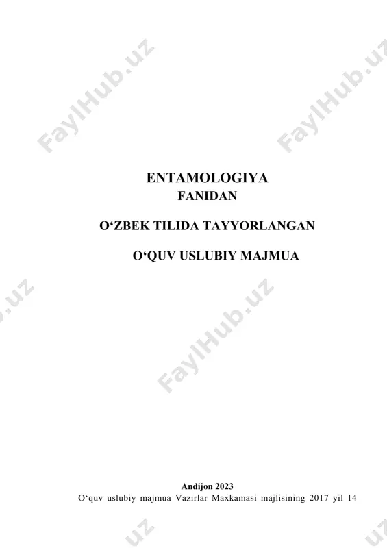 chebnыe materialы; g) samostoyatelnqe zanyatiya; d) glossariy; e) prilojeniya; programmы, slaydы po teme a) titulыnыy list va uning ikkinchi beti; b) mundarija; v) o‘kuv materiallari; ma’ruza matni, amaliy, seminar yoki laboratoriya ishlari ishlanmasi g) mustaqil ta’lim; d) glossariy; e) ilovalar; namunaviy va ishchi dasturlar, texnologik xarita, takdimot s o‘ z b o sh i hasharotlar bo‘g‘imoyoqlilar tipining eng katta sinfini tashkil qiladi. shu bilan birga ular sayyoramizning barcha joylarida keng tarqalgan bo‘lib, turli ekologik muxitga yaxshi moslashgan hayvonlar hisoblanadi. ularning orasida qishloq xo‘jalik ekinlariga katta zarar keltiruvchi turlari bo‘lib, ularga qarshi kurash olib borish hozirgi kunning asosiy muammolaridan biri hisoblanadi. ayrim turlari o‘simlik qoldiqlari va turli hayvonlar, o‘simliklar bilan oziqlanib sanitarlik vazifasini bajarsa, ayrimlari tuproq hosil bo‘lishida faol ishtirok etadi. boshqalari esa turli kasalliklarni keltirib chiqaruvchi virus hamda gelmintlarni o‘zida saqlab o‘ziga xos kasalliklarni tarqatuvchi manba hisoblanadi. lekin ular orasida shunday turlari ham borki bular foydali hasharotlar hisoblanib ularning mahsulotlaridan …