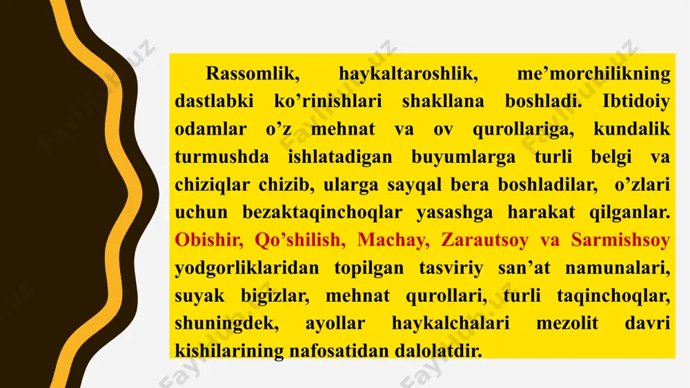 sahnasida ovchilar hayvonni koʻzlab turibdi, qolgan odamlarning quyiga tomon kengayib boruvchi plashga oʻxshash teridan yasalgan kiyimlari tasvirlanadi. oʻrab olingan hoʻkiz goʻyo togʻ terrasi tomon yuqoriga haydalmoqda. odamlar qoʻlida oʻq-yoy, bolta, bumerang va sopqonga oʻxshash qurollar bilan qurollangan. hoʻkiz ostida chizilgan kichkina oʻqchi shakli, ekspeditsiya xulosasiga koʻra ustidan chizilgan yirik suratga nisbatan ancha oldin yaratilganligi bilinadi. pastda suratlar chizilgan maydon tabiiy chuqurlikka ulashadi. chuqurlik ichida ham hoʻkiz va odam suratlarini anglash mumkin. suratlar qora rangli boʻyoqda chizilgan va bu zarautsoydagi yagona qora rangli rasmlardir. qolgan suratlar esa qizil rangli hisoblanadi. toʻrtinchi guruh rasmlari kamar shipi ichkarisining oʻng tomonida joylashgan, 40-40 sm hajmdagi maydonni egallaydi. bu yerda turli davrda yaratilgan ov sahnalarini uchratish mumkin. chapda ikki ship yuzasining oldinga egilgan joyida tasvirlangan tuzoq huddi ov yoʻliga qoʻyilganga oʻxshaydi. odam tasvirida qizildan koʻra qora rangda koʻproq ishlangan. zarautsoyning eng kichik suratlari shu guruhga mansub. masalan bu yerda tasvirlangan moʻjazgina odam suratlari 4 sm …