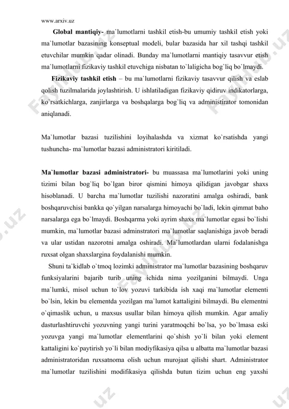 amlar guruhi bo`lib, ma`lumotlar bazasi-ning tabiatini chuqur tushunish, ularni tashkil qilish, iqtisodiy ishlov berish mezonlari va ko`p sonli foydalanuvchilarning juda ham keng talablari doirasini tushunishi zarur. ma`lumotlarni ichki tuzilishini taqdim etish imkoniyatlari ma`lumotlar bazasini boshqarish tizimi o`xshash tizilishlarini ko`rsatish imkoniyatlarini ta`minlamog`i lozimki, faqat ularning ma`lumotlar tuzilishlarini ichki tabiatiga to`g`ri kelmaydiganlarni yaratmaslik kerak bo`ladi. unumdorlik. terminal operatori foydalanishiga maxsus ishlab chiqilgan ma`lumotlar bazasi ilovalari, odam-terminal suhbati uchun javob berishini qanoatlantiradigan vaqtni ta`minlab berishi zarur. undan tashqari ma`lumotlar bazasi tizimi kelib tushgan ma`lumotlarni qayta ishlashni ta`minlashi zarur. uncha katta bo`lmagan ma`lumotlar oqimiga mo`ljallangan tizimlarda esa o`tkazish qobiliyati ma`lumotlar bazasi tuzilishiga bir oz chek qo`yadi. ma`lumotlar oqimi katta bo`lgan tizimlarda o`tkazish qobiliyati ma`lumot-larning fizikaviy saqlanishini tanlashiga hal qiluvchi ta`sir ko`rsatadi. minimal harajatlar. ma`lumotlar bazasini tuzish va ekspulatatsiya qilishdagi harajatlarni kamaytirish maqsadida, tashkil qilishni shunday usullari tanlanadiki ular tashqi xotira talablarini minimallashtiradi. ishlab chiqarish jarayonini rivojlanishi bilan ma`lumotlarni saqlash qiymatini tez kamayib bormoqda, lekin …